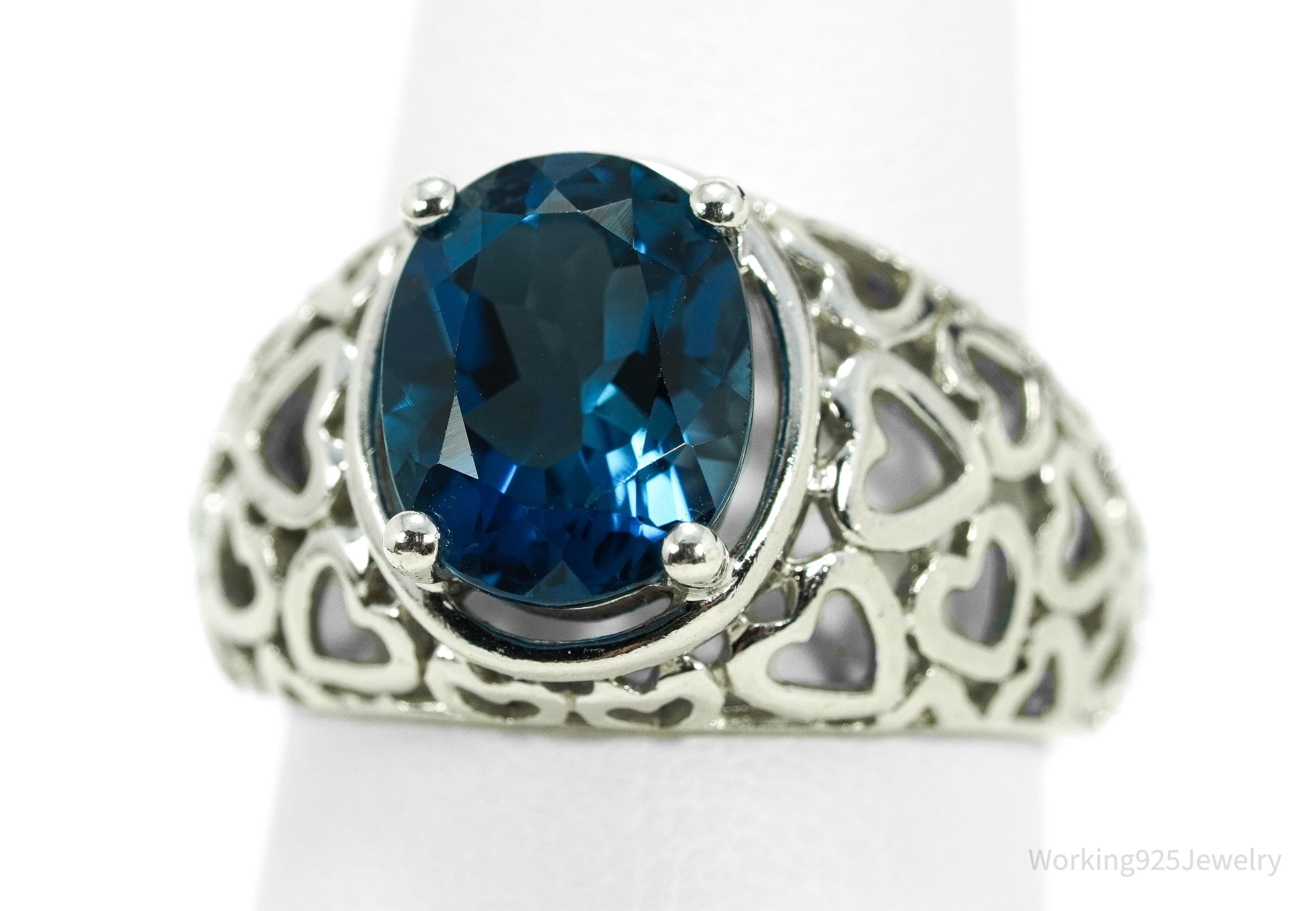 Vintage London Blue Topaz & Hearts Pattern Sterling Silver Ring - Size 6