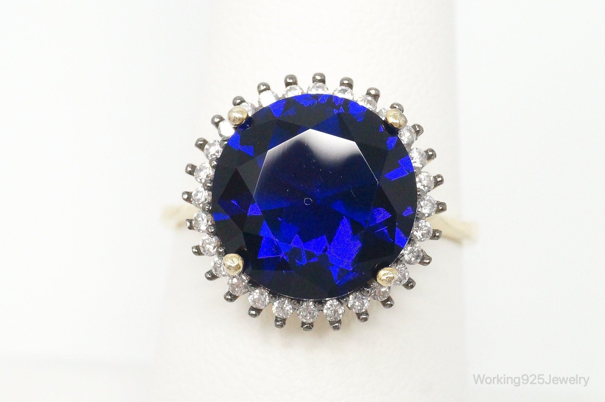 Large Blue Glass Cubic Zirconia Gold Vermeil Sterling Silver Ring - Size 8