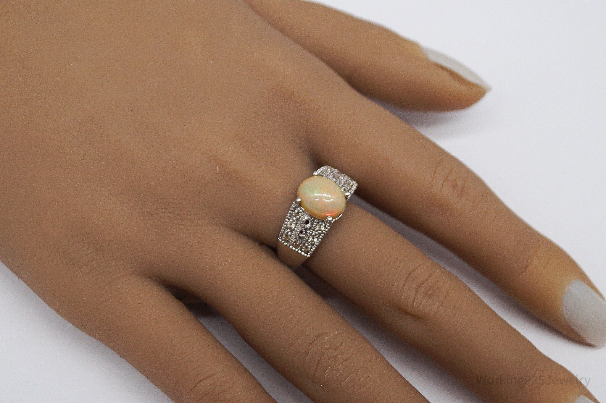 Vintage Opal White Topaz Sterling Silver Ring - Size 9.75