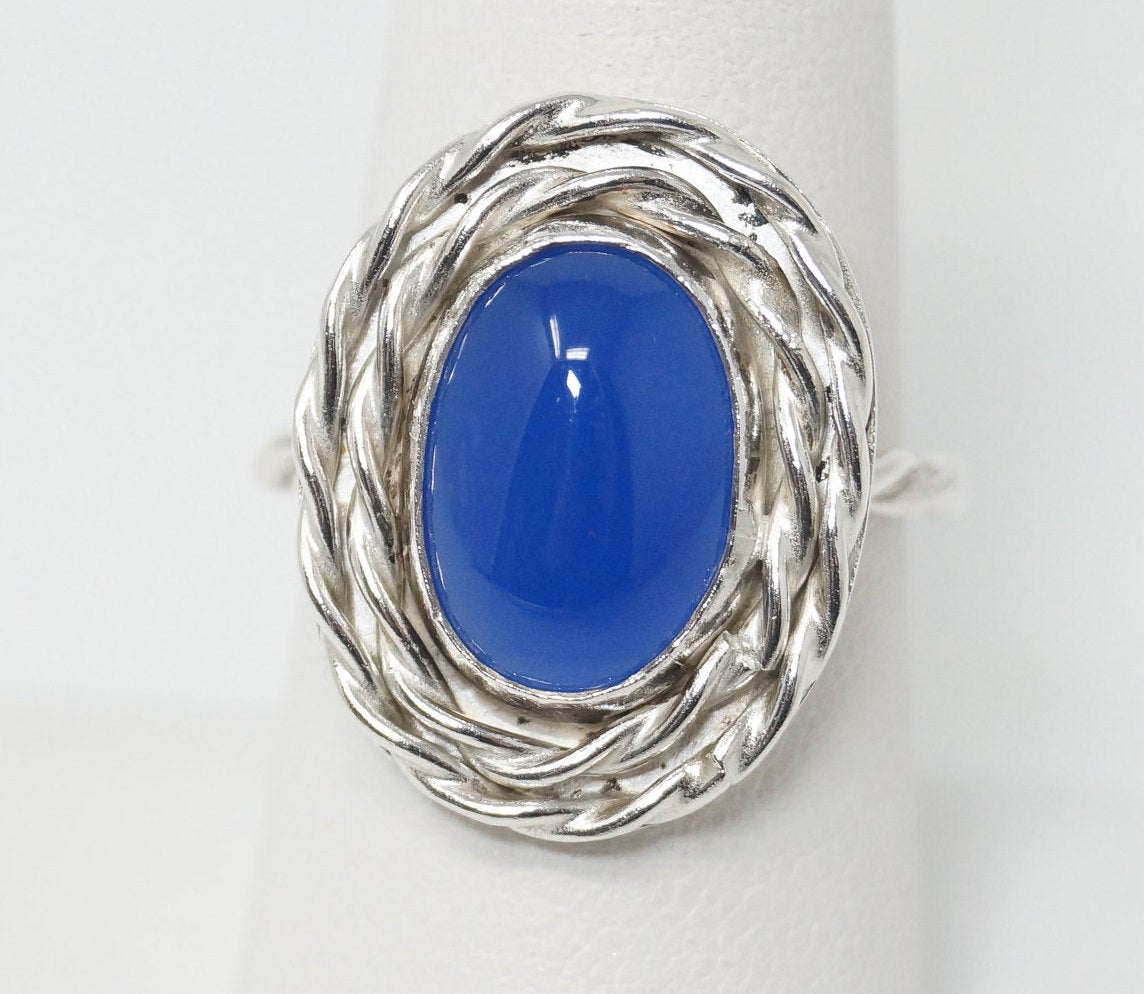 Vintage Large Blue Chalcedony Sterling Silver Ring - Sz 7.5