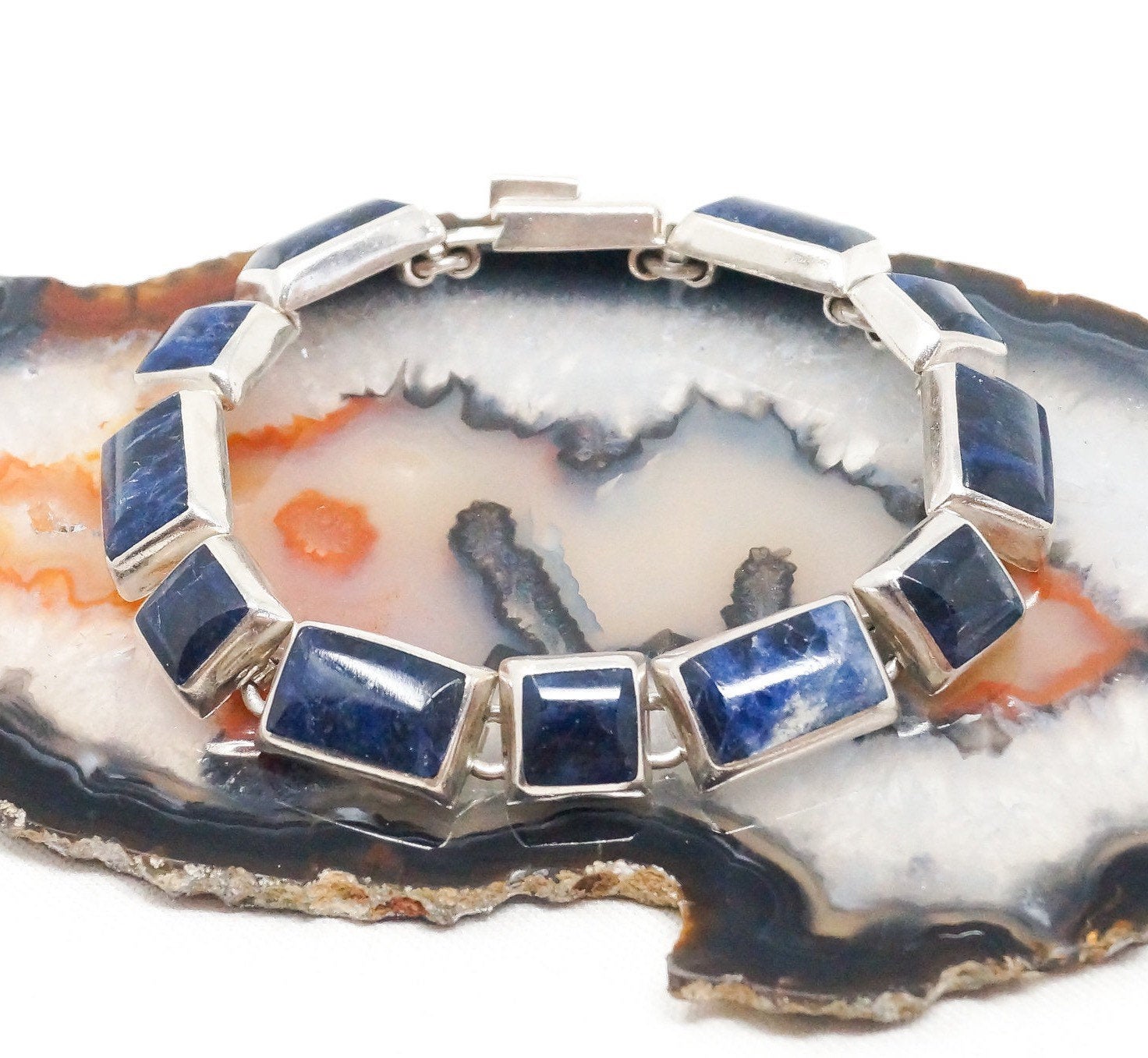 Vintage Mexico Designer Modernist Blue Sodalite 950 Silver Cuff Bracelet