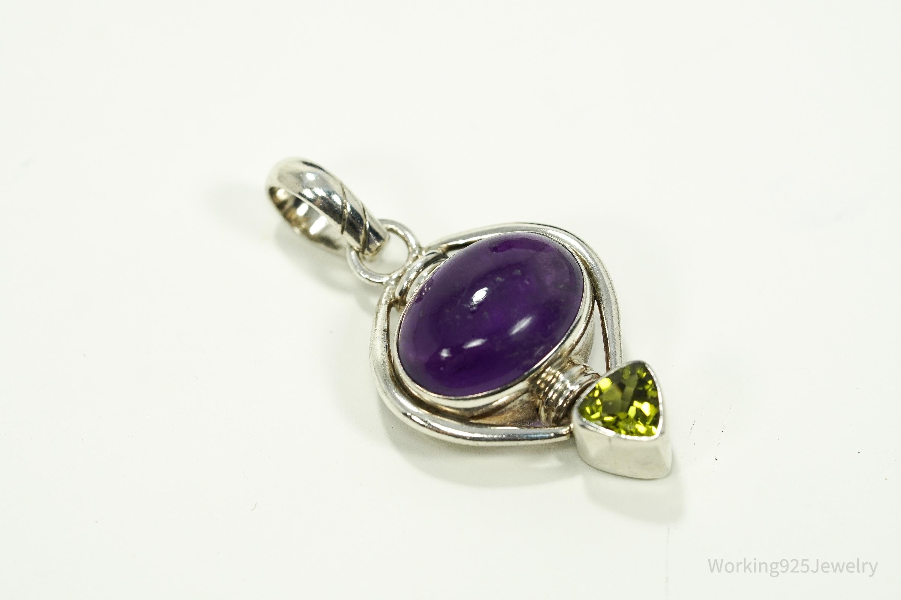 Vintage Amethyst Peridot Sterling Silver Bali Style Necklace Pendant