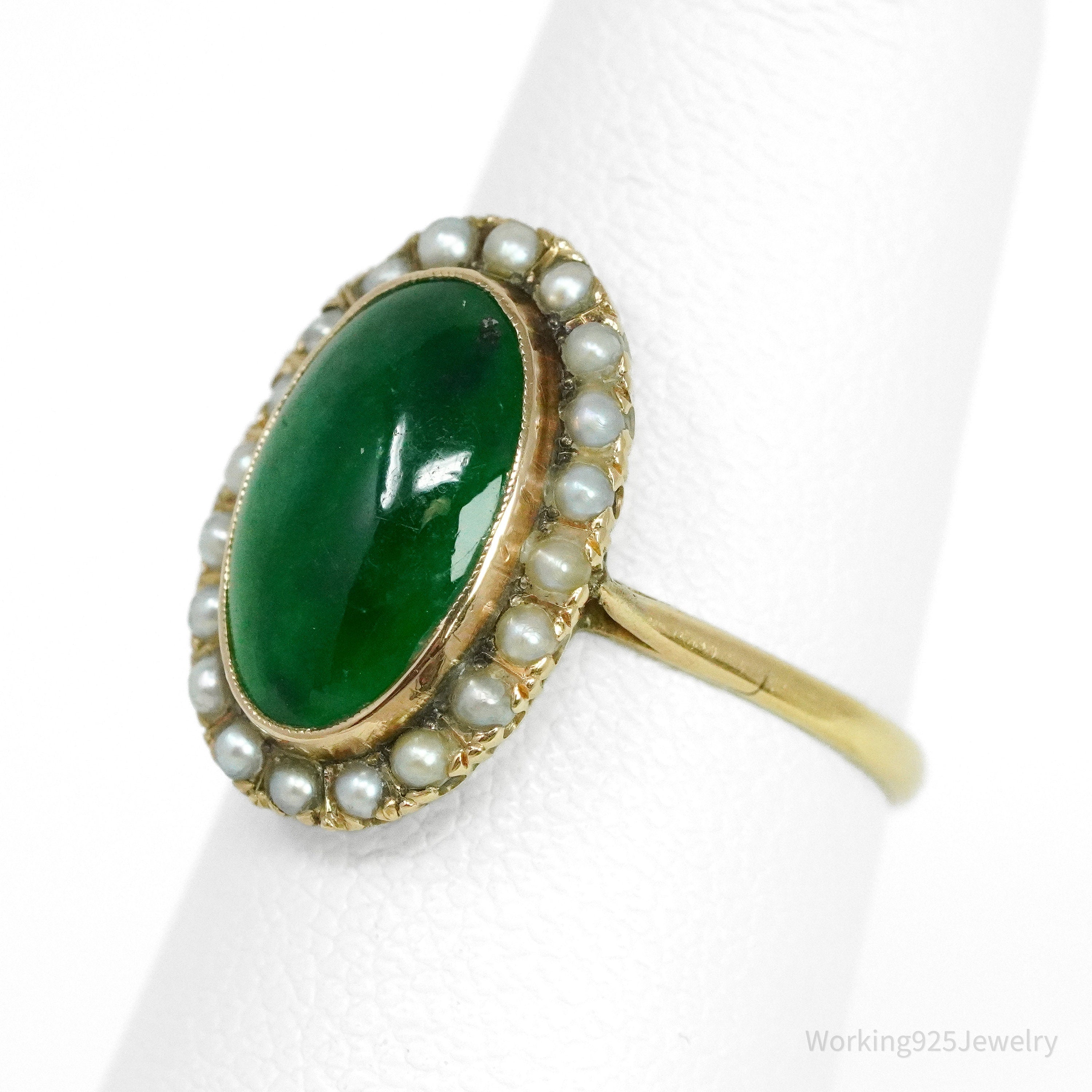 14K Yellow Gold Jadeite Jade Cabochon & Seed Pearls Ring - Size 4 1/2