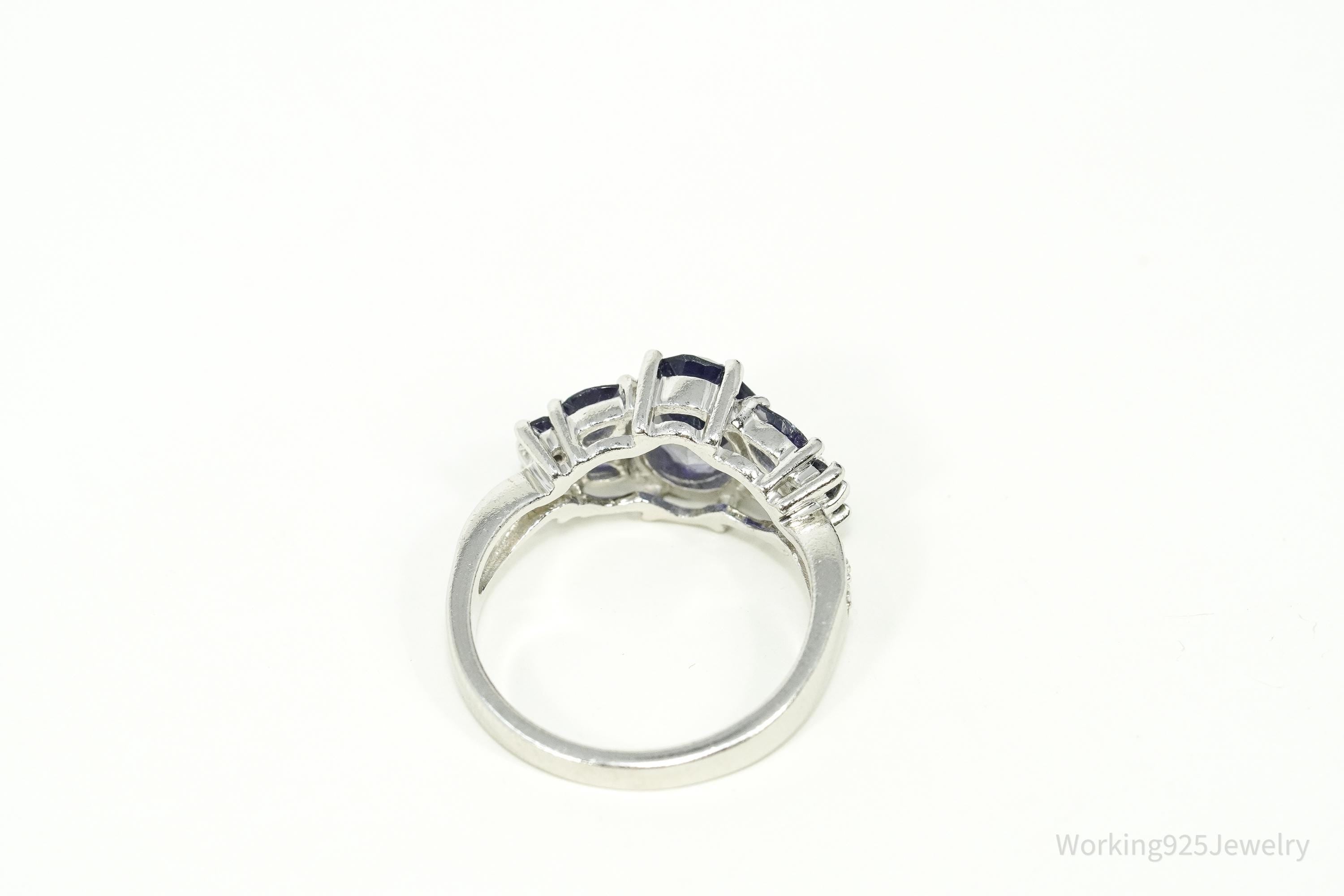 Iolite & White Zircon Rhodium Over Sterling Silver Ring - Size 7.75