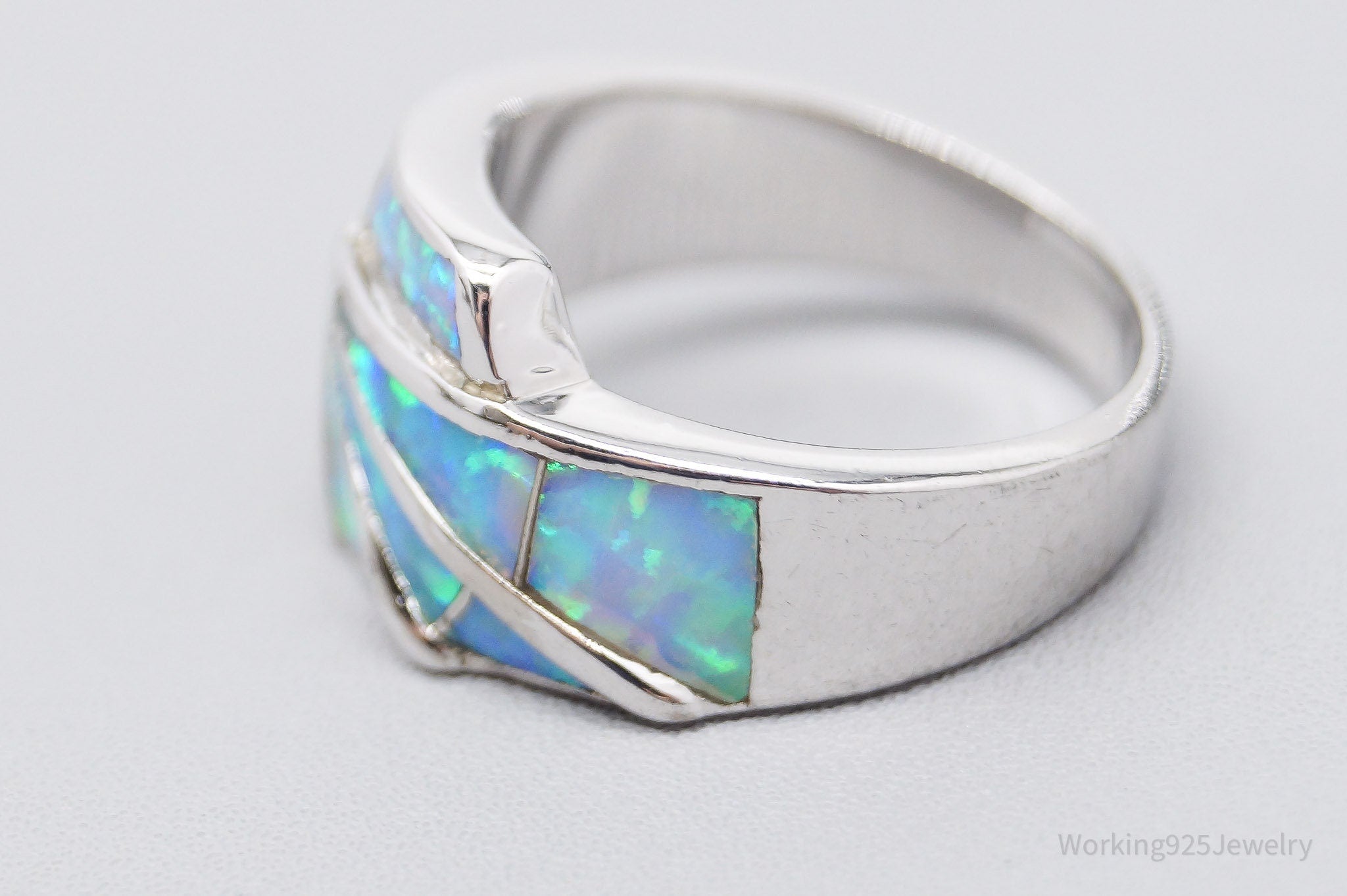 Vintage Blue Opal Inlay Sterling Silver Ring - Size 5.75