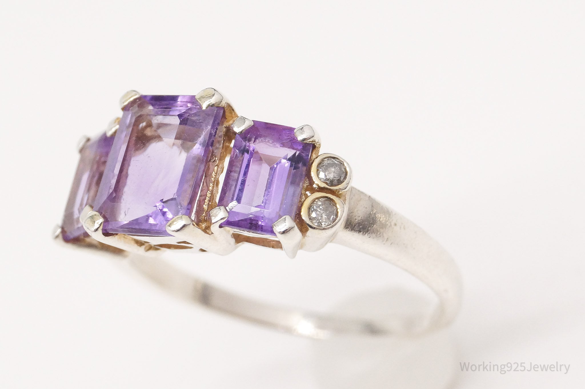 Vintage Amethyst Diamond Sterling Silver Ring - Size 7.75