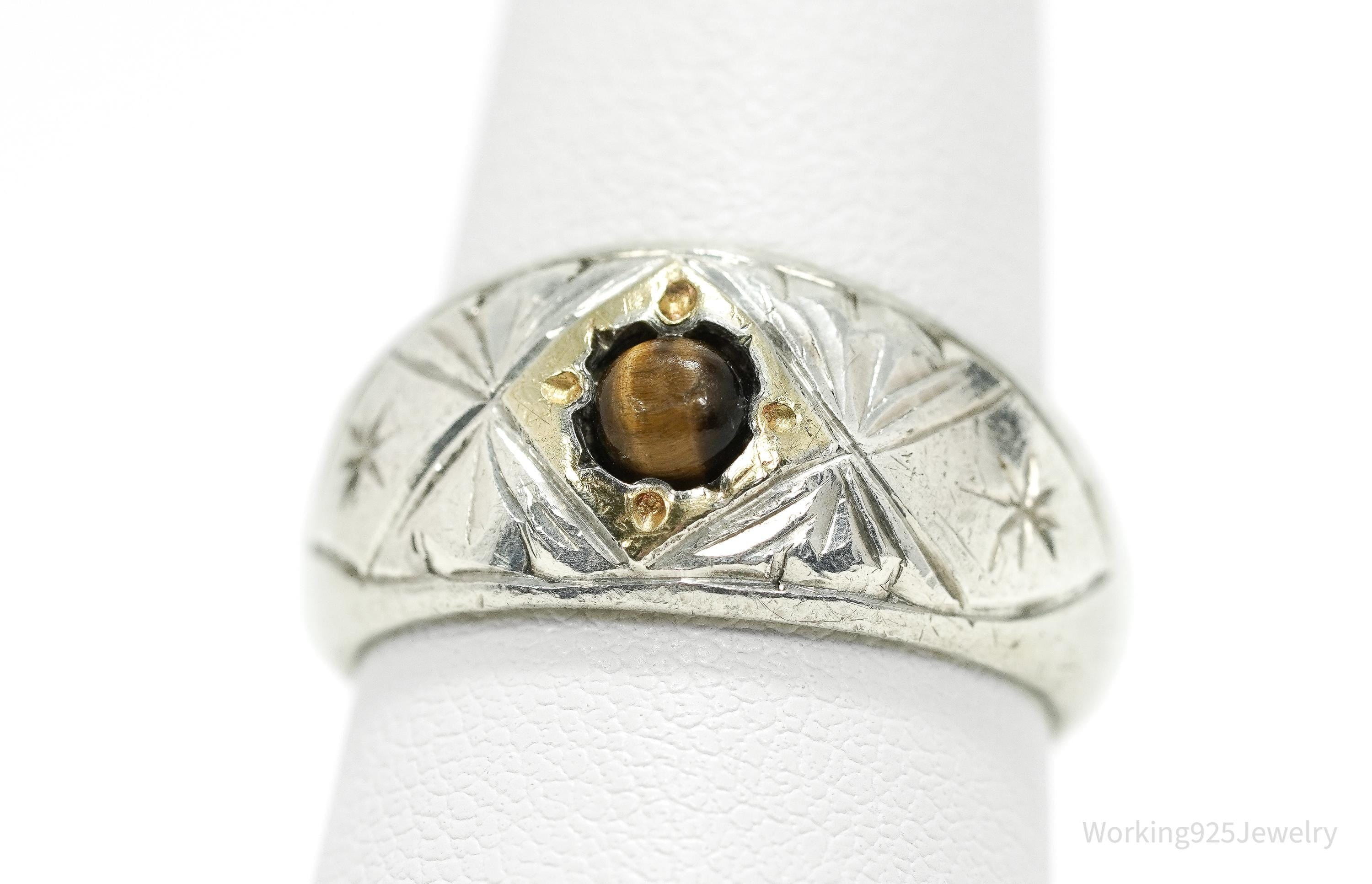 Antique Vintage Tigers Eye Gold Wash Silver Ring - Size 8.75