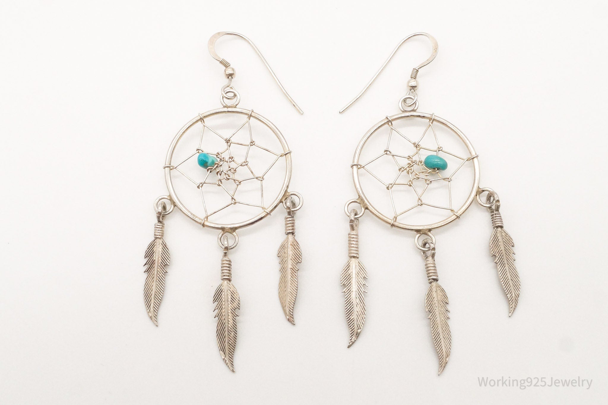 Vintage Native American Turquoise Dream Catcher Sterling Silver Earrings