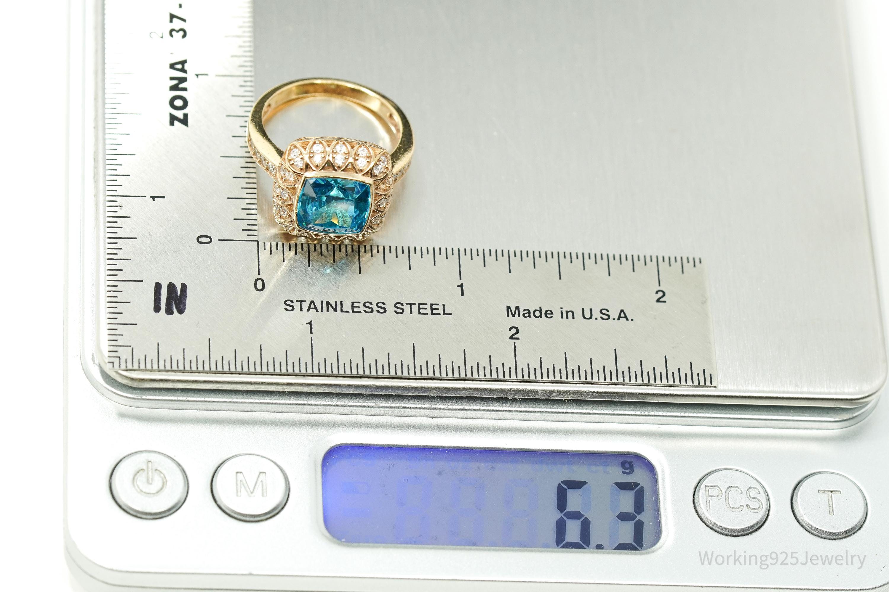 Vintage Blue Tourmaline & Cubic Zirconia Gold Vermeil Sterling Silver Ring - Size 7.25