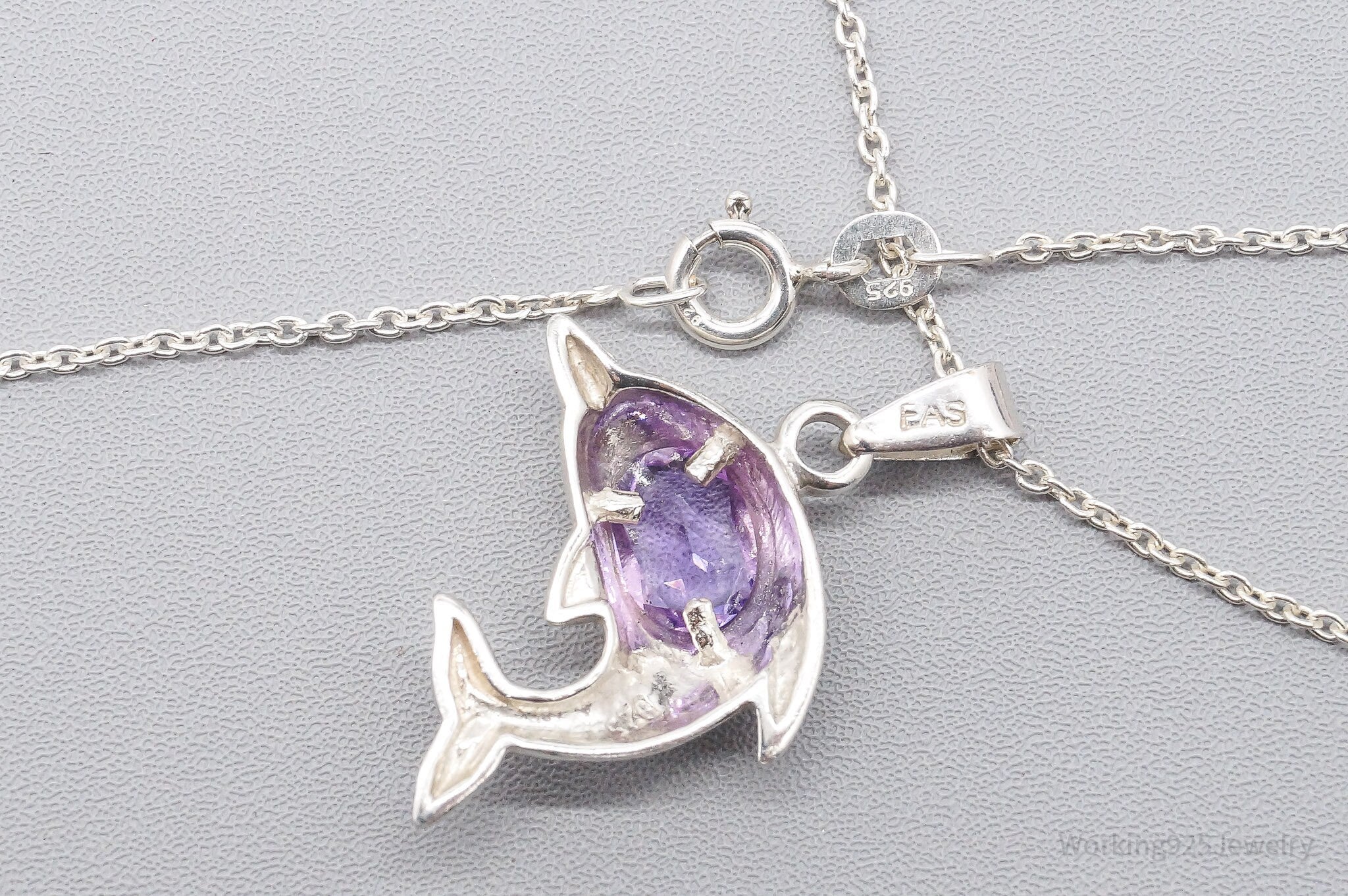 Vintage Amethyst Dolphin Sterling Silver Necklace 18"