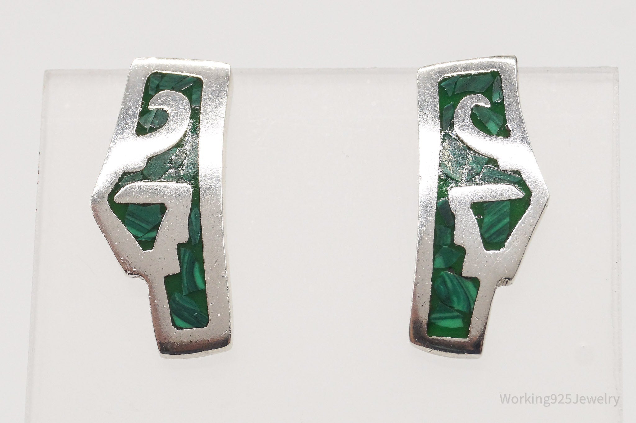 Vintage Mexico Malachite Modernist Sterling Silver Earrings