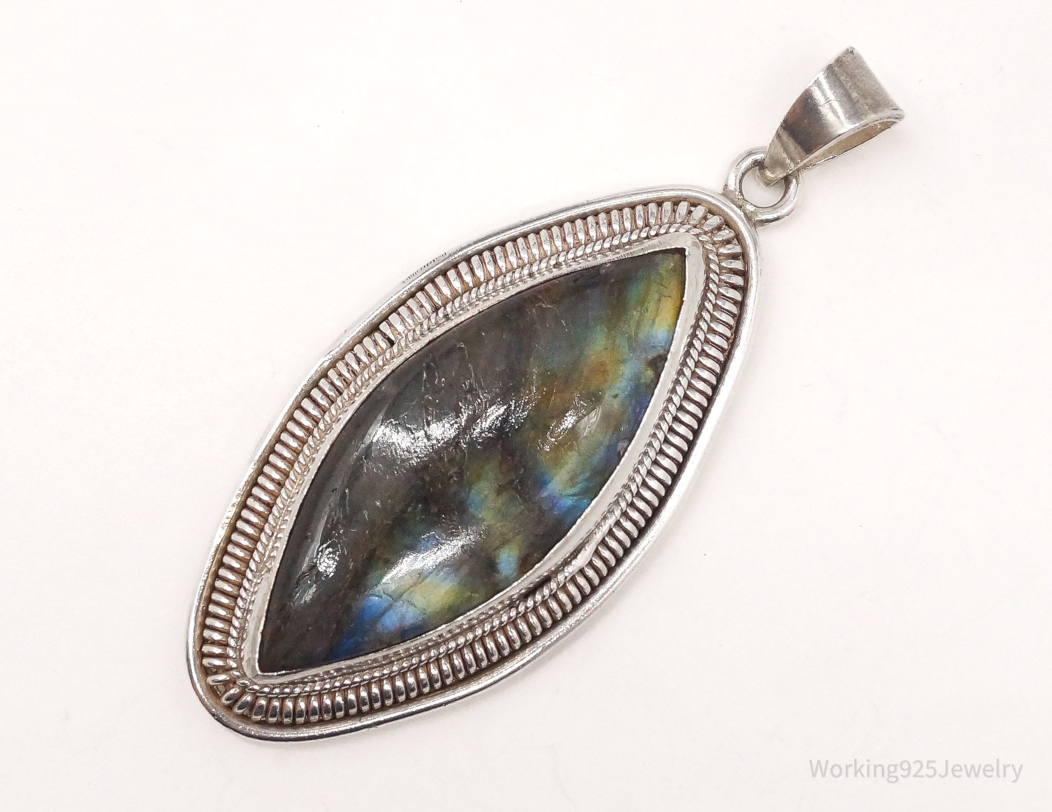 Vintage Long Large Labradorite Sterling Silver Necklace Pendant