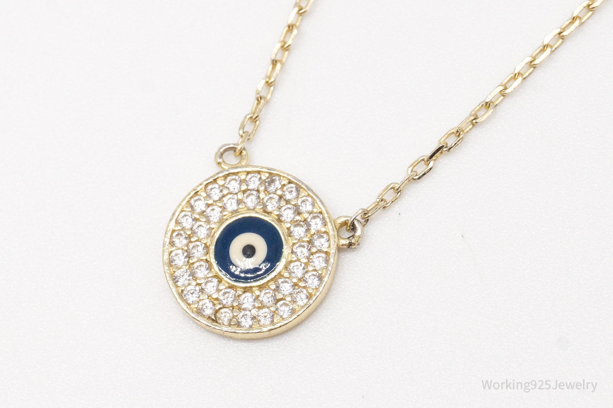 Vintage Evil Eye Cubic Zirconia Gold Vermeil Sterling Silver Necklace 18"