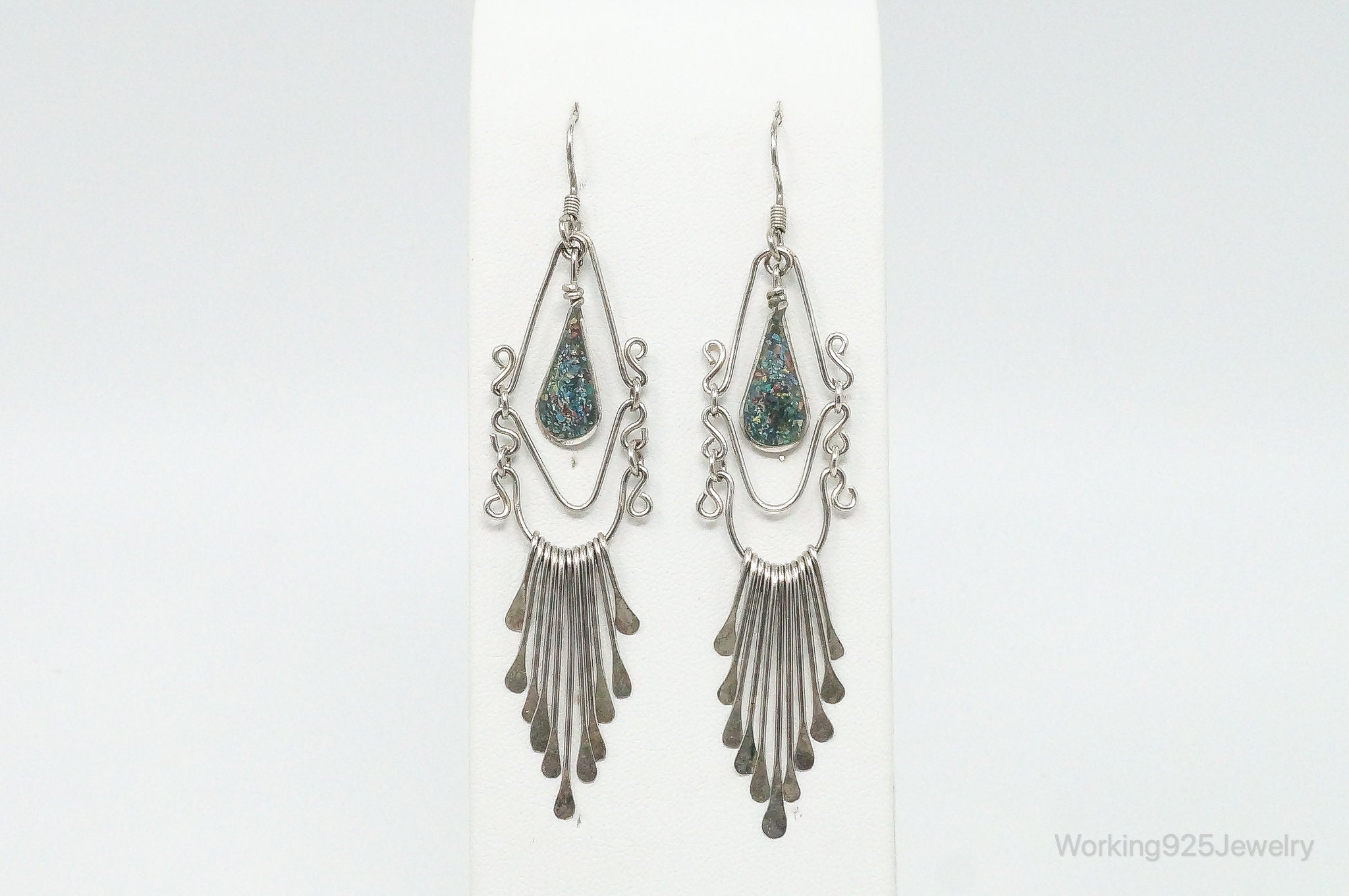 Vintage Multi Gem Chips Inlay Sterling Silver Earrings