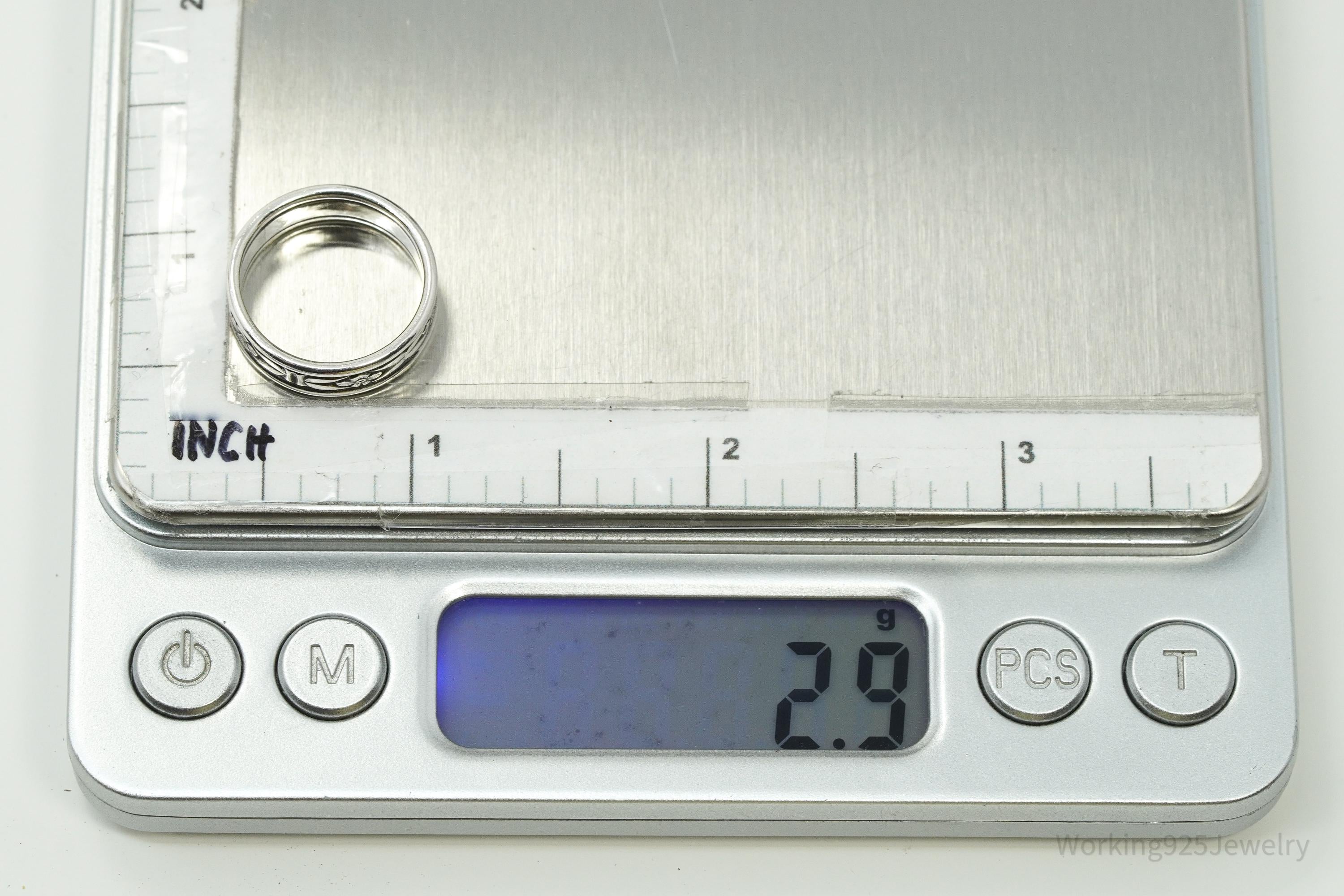 Antique Floral Pattern Silver Band Ring - Size 5