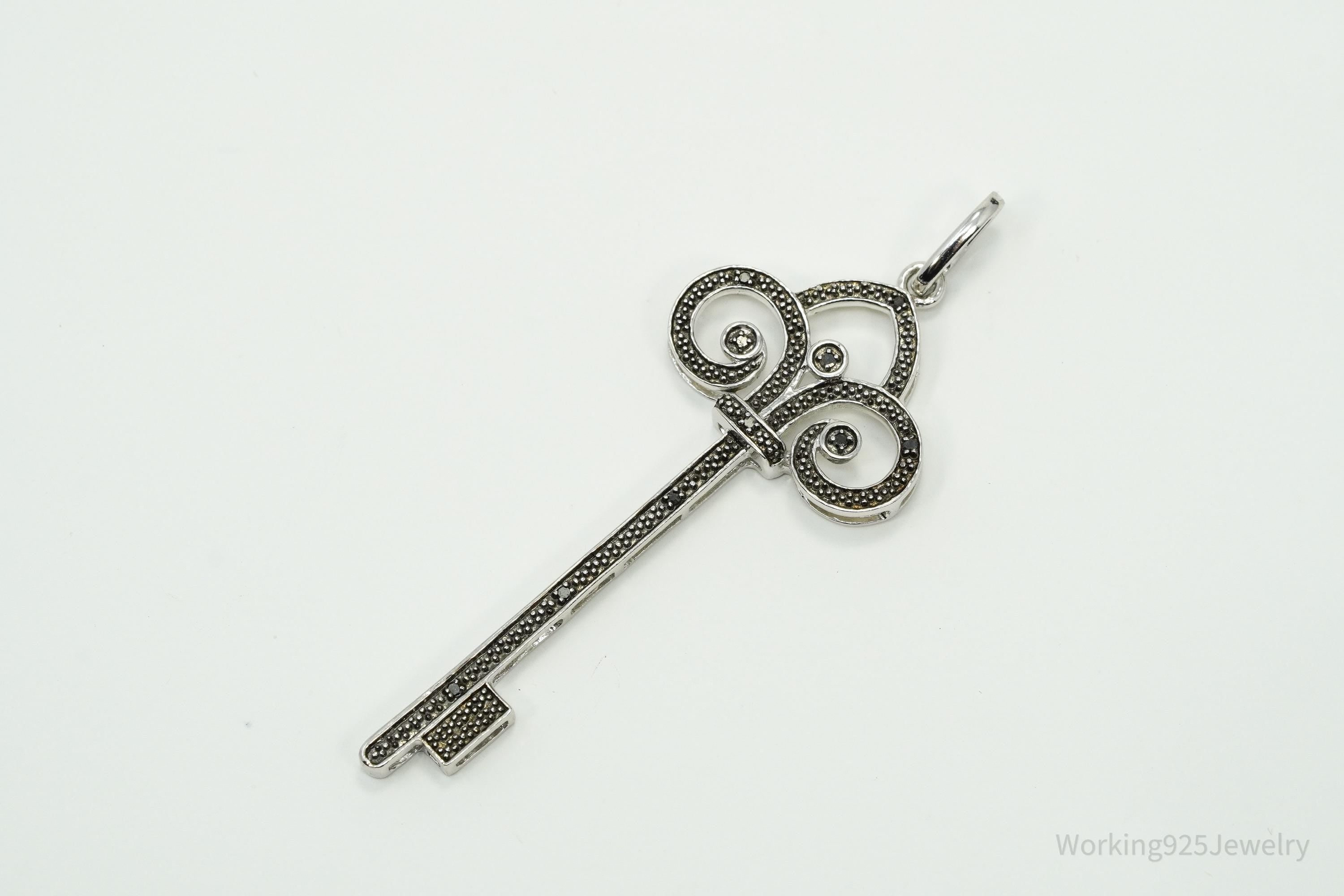 Large Designer JWBR Black Diamond Skelton Key Sterling Silver Necklace Pendant