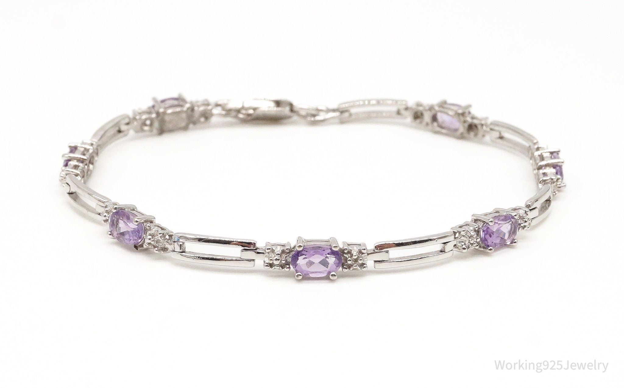 Vintage Two Diamonds Amethyst Sterling Silver Bracelet