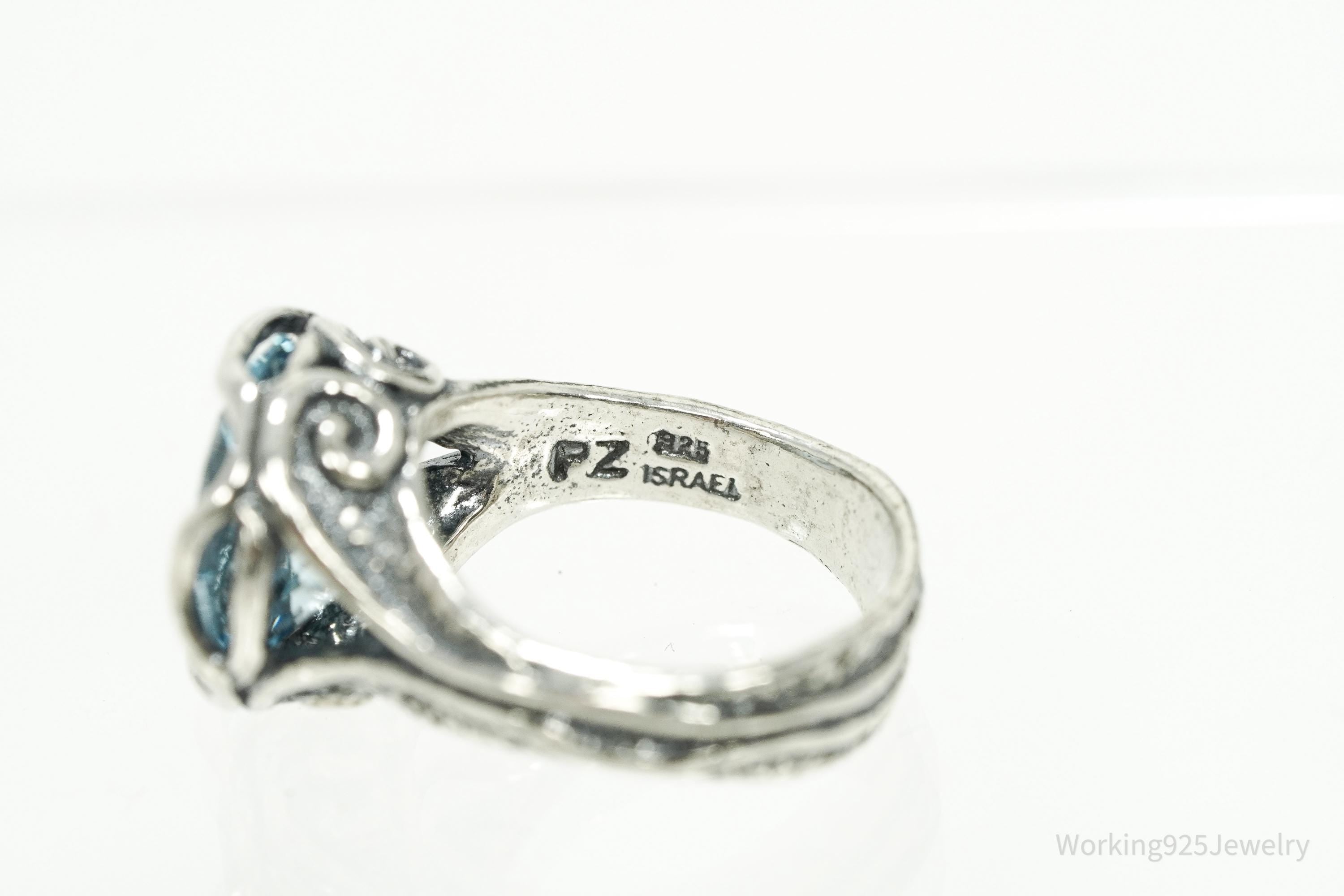 Vintage Israel Designer Paz PZ Blue Topaz Sterling Silver Ring - Size 6