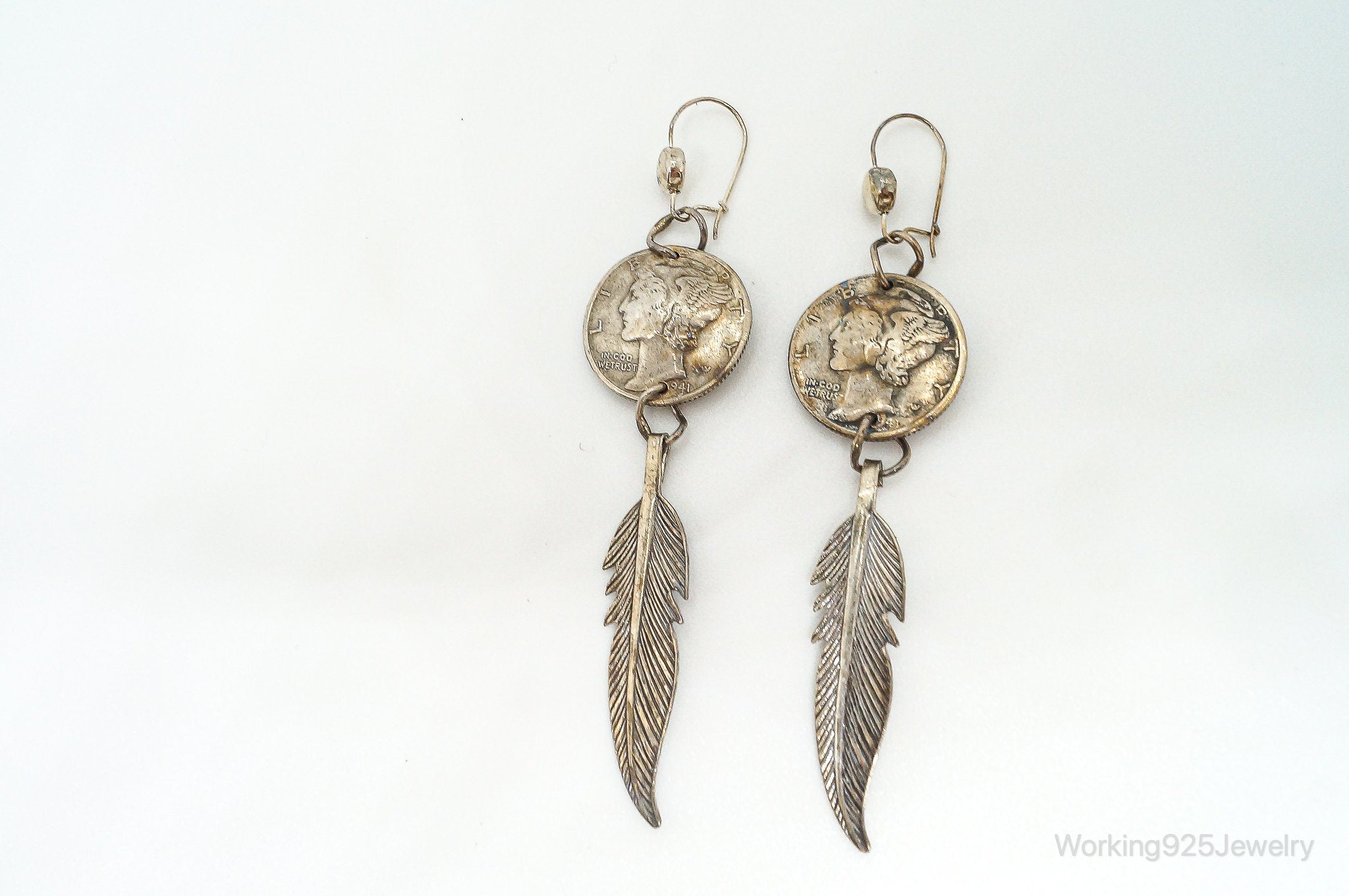 Vintage Native American Handmade Mercury Dime Sterling Silver Earrings