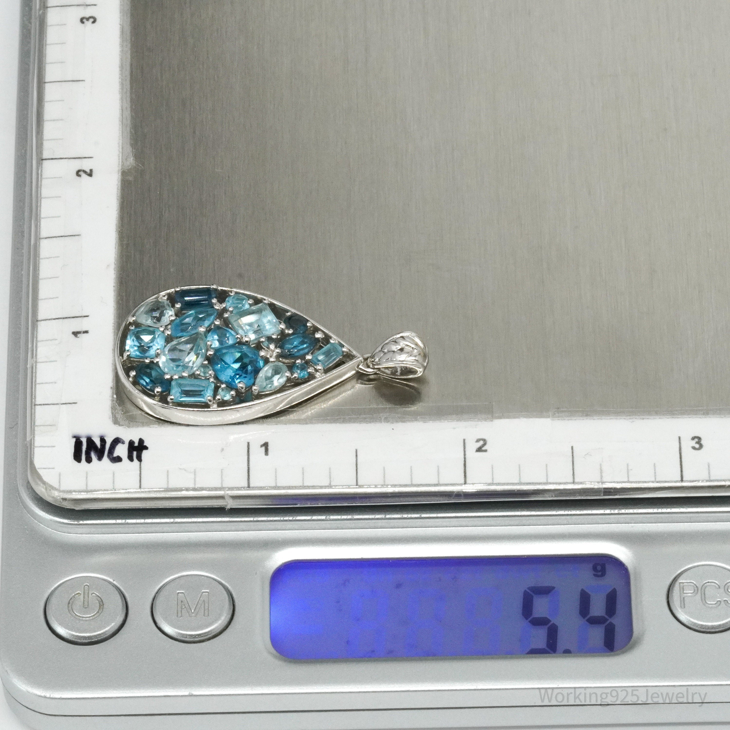 Vintage Blue Topaz Cluster Sterling Silver Necklace Pendant