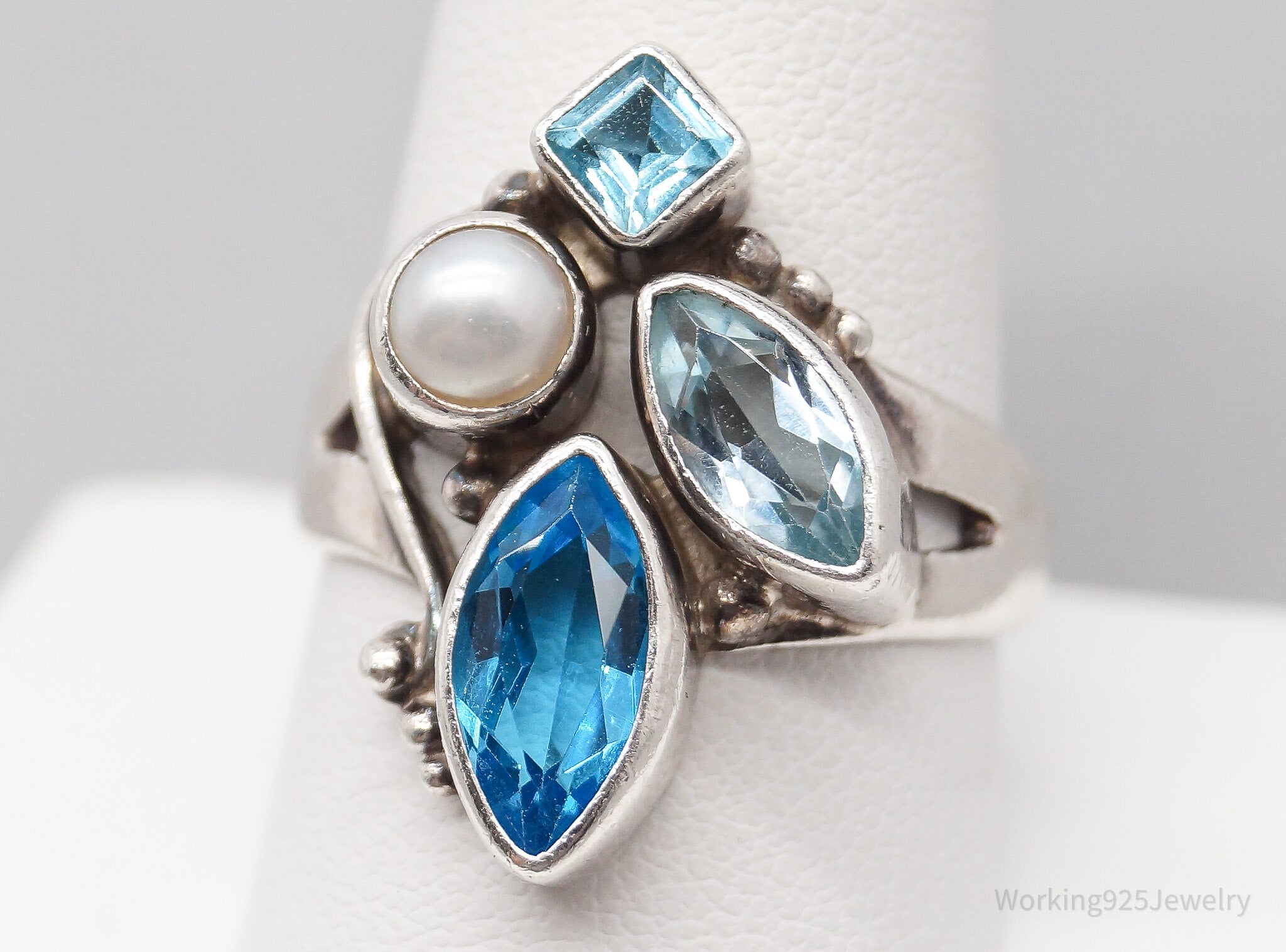 Vintage White Pearl & Blue Topaz Sterling Silver Ring - Size 10