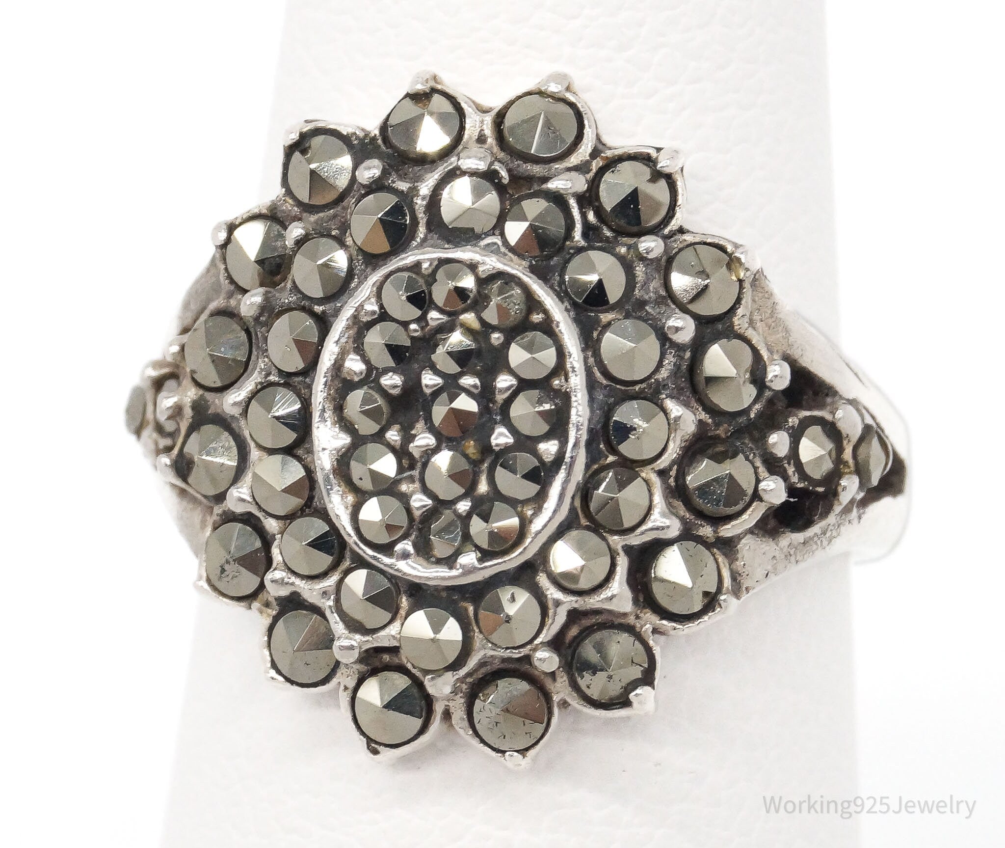 Vintage Marcasite Flower Sterling Silver Ring - Size 5.75