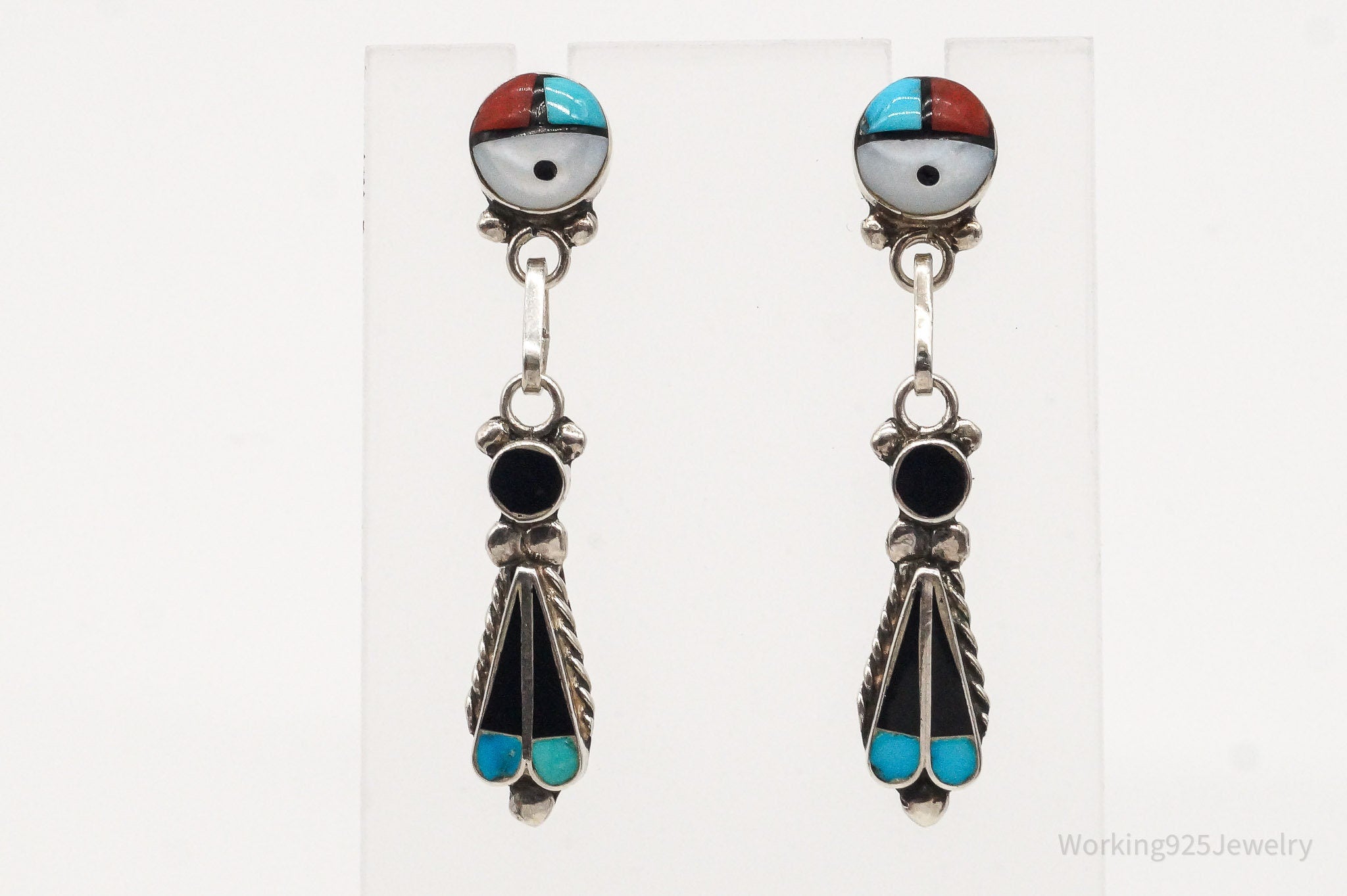 Vintage Native American Zuni Multi Gemstone Silver Earrings