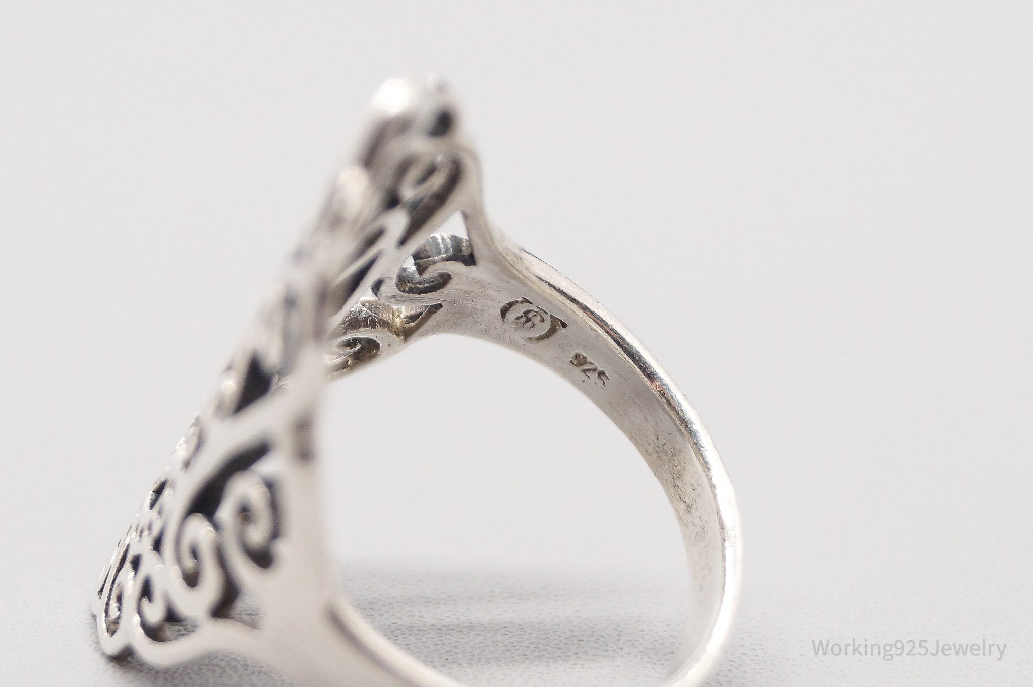 Vintage Long Scroll Swirls Filigree Sterling Silver Ring - Size 6.5
