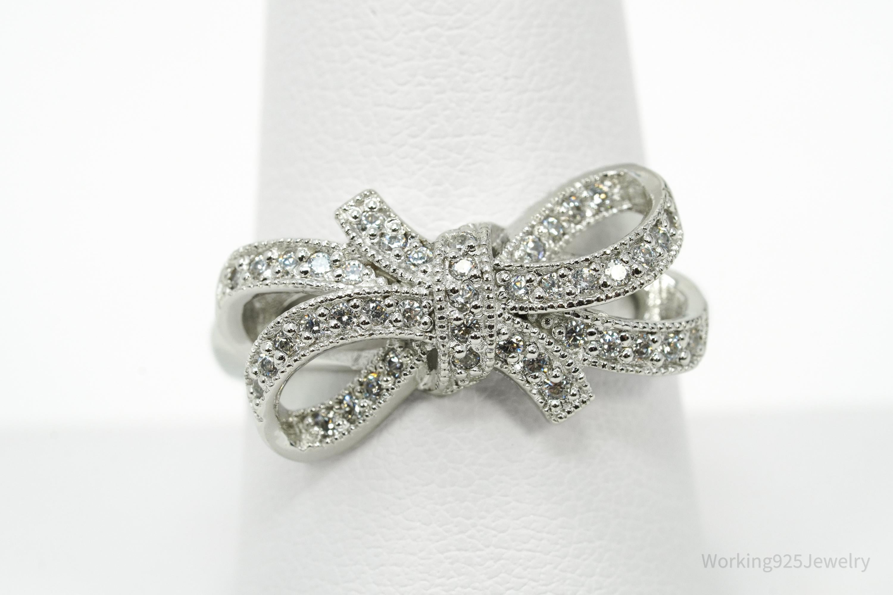 Vintage Cubic Zirconia Bow Sterling Silver Ring - Size 8.75