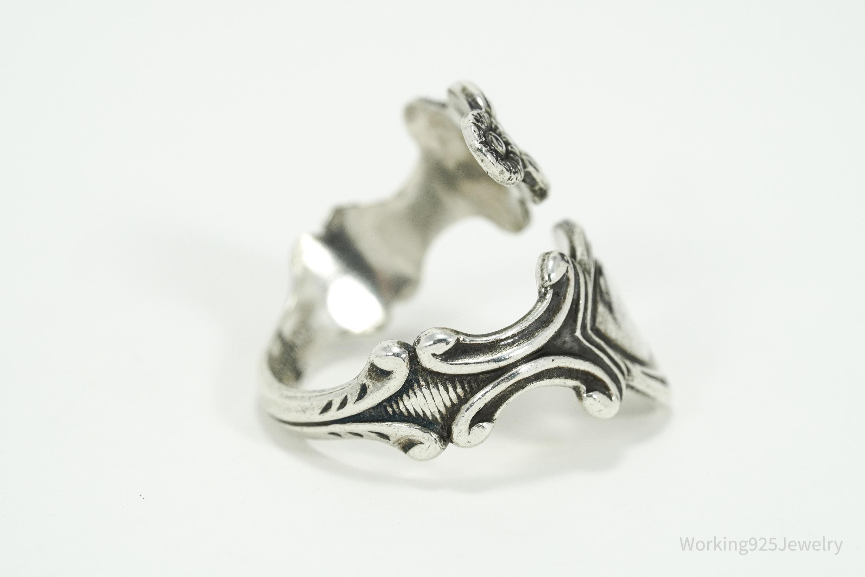 Vintage Avon Hearts & Flowers Sterling Silver Adjustable Wrap Spoon Ring - Size 7.5