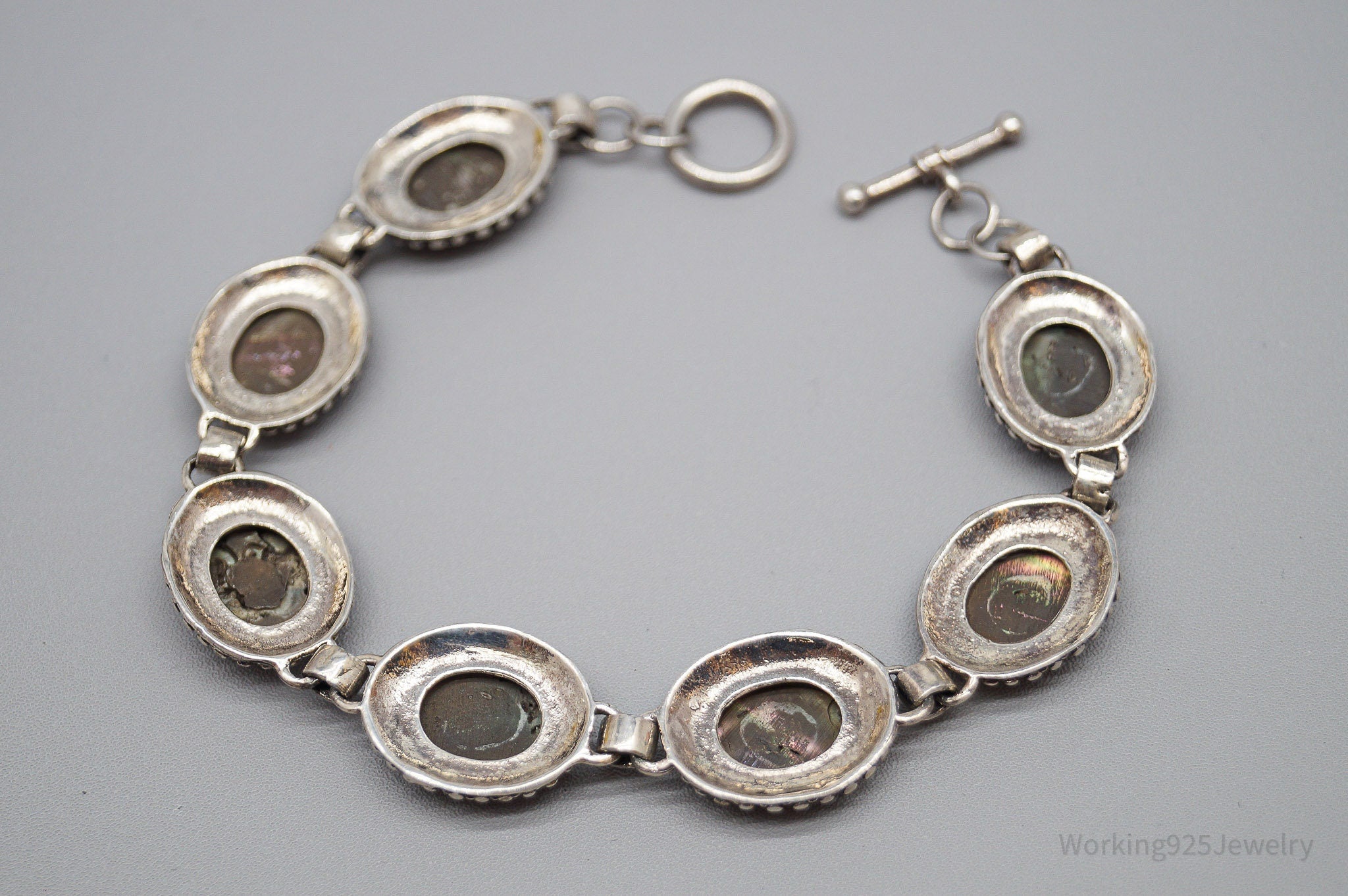 Vintage Paua Abalone Shell Inlay Sterling Silver Bracelet 8.25"