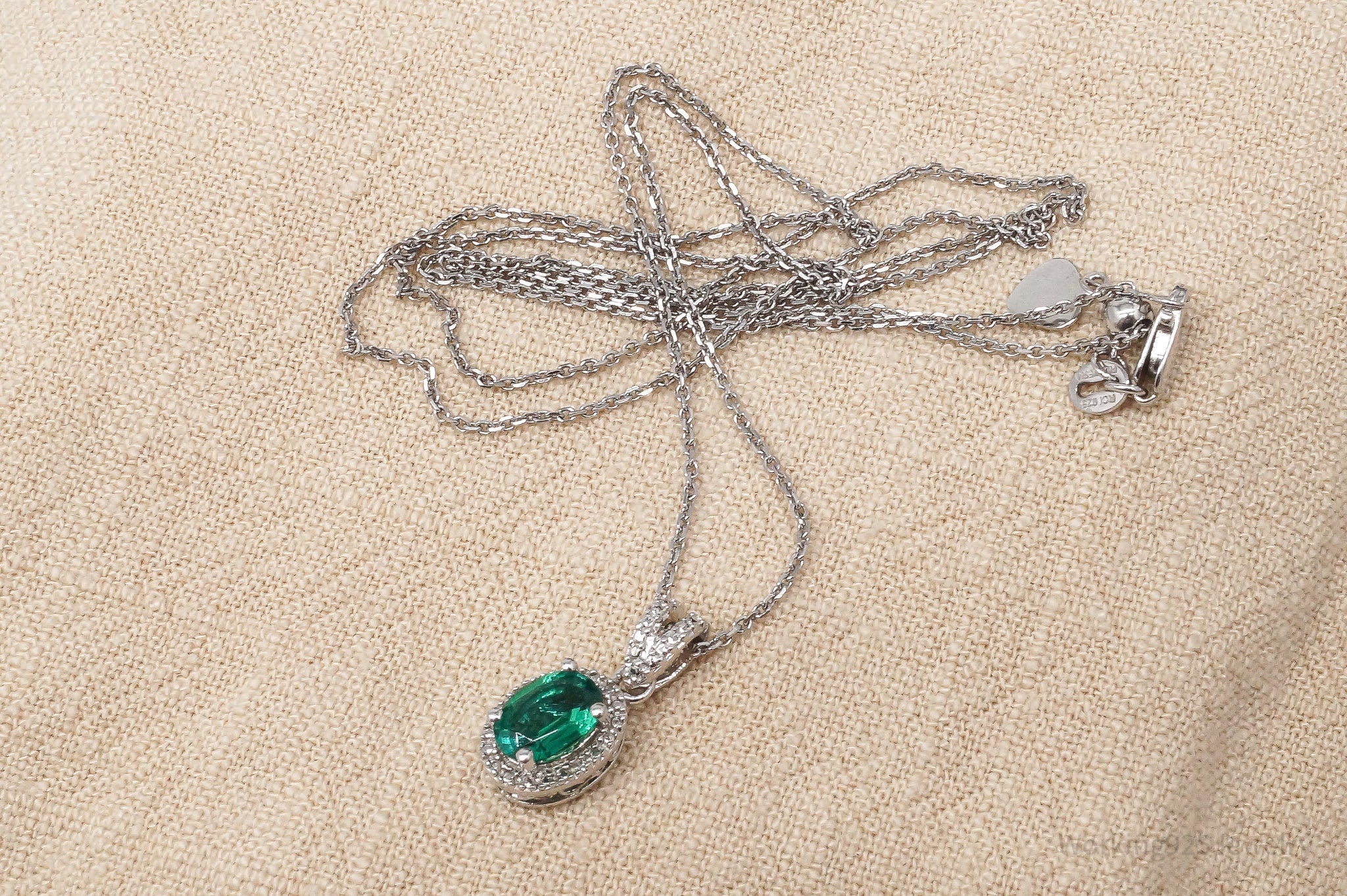 Vintage Lab Emerald Diamond Sterling Silver Necklace 22" Adjustable