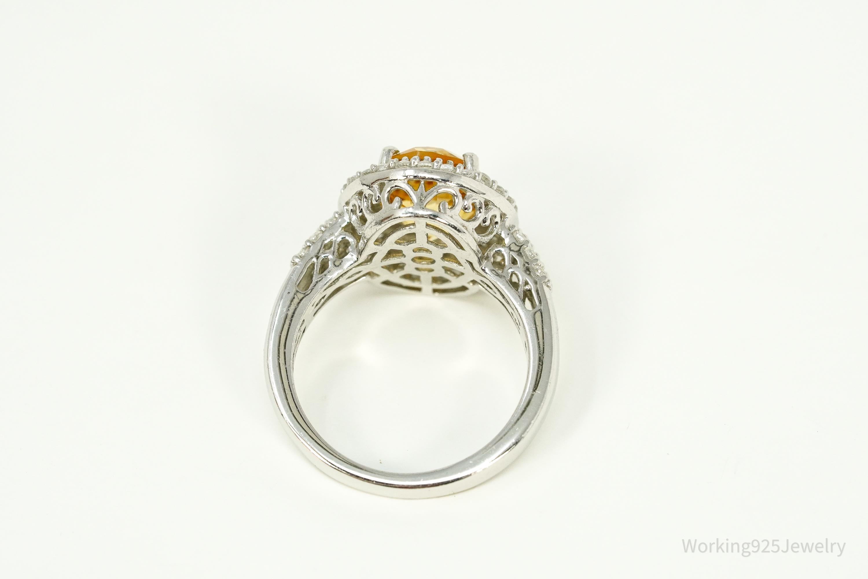Vintage Large Citrine & Cubic Zirconia Sterling Silver Statement Ring - Size 8