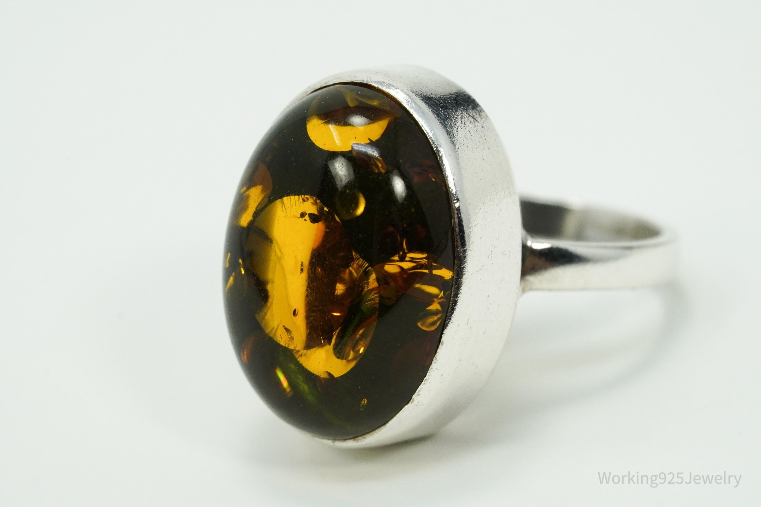 Vintage Polish Large Amber Sterling Silver Ring - Size 7