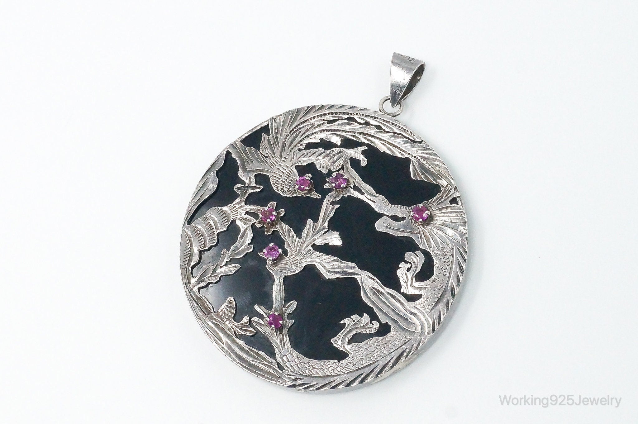 Vintage Large Ruby Black Onyx Etched Birds In Nature Sterling Silver Pendant