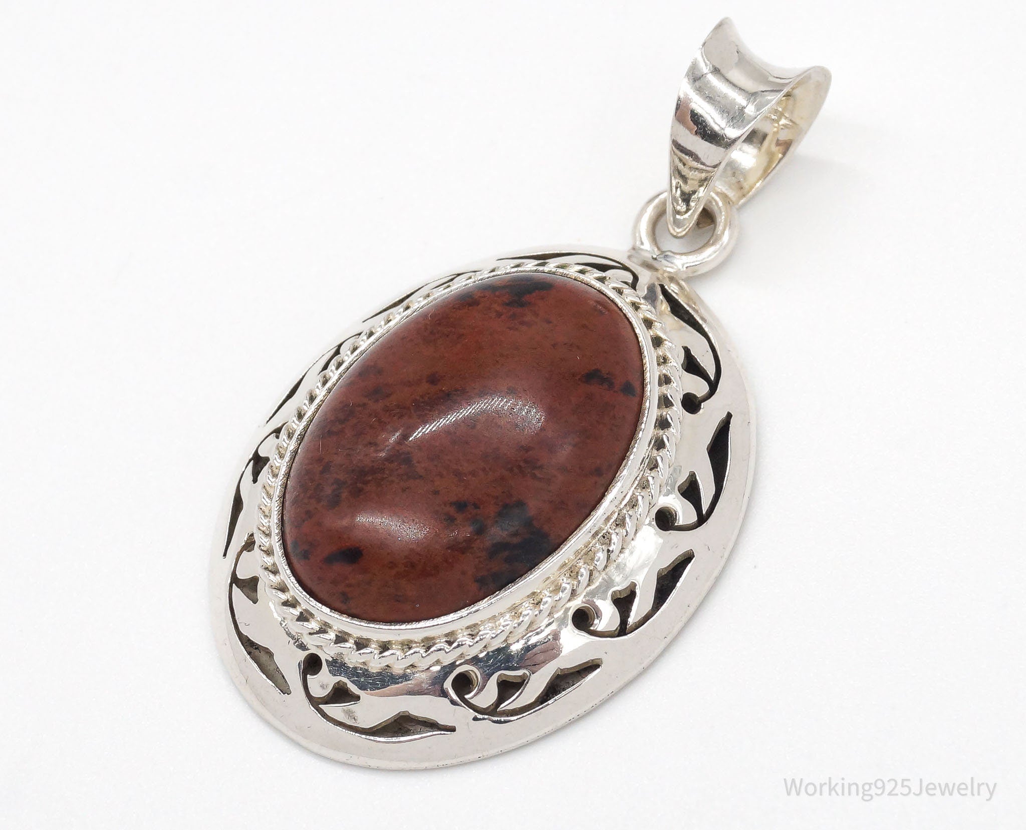 Vintage Large Mahogany Obsidian Sterling Silver Necklace Pendant