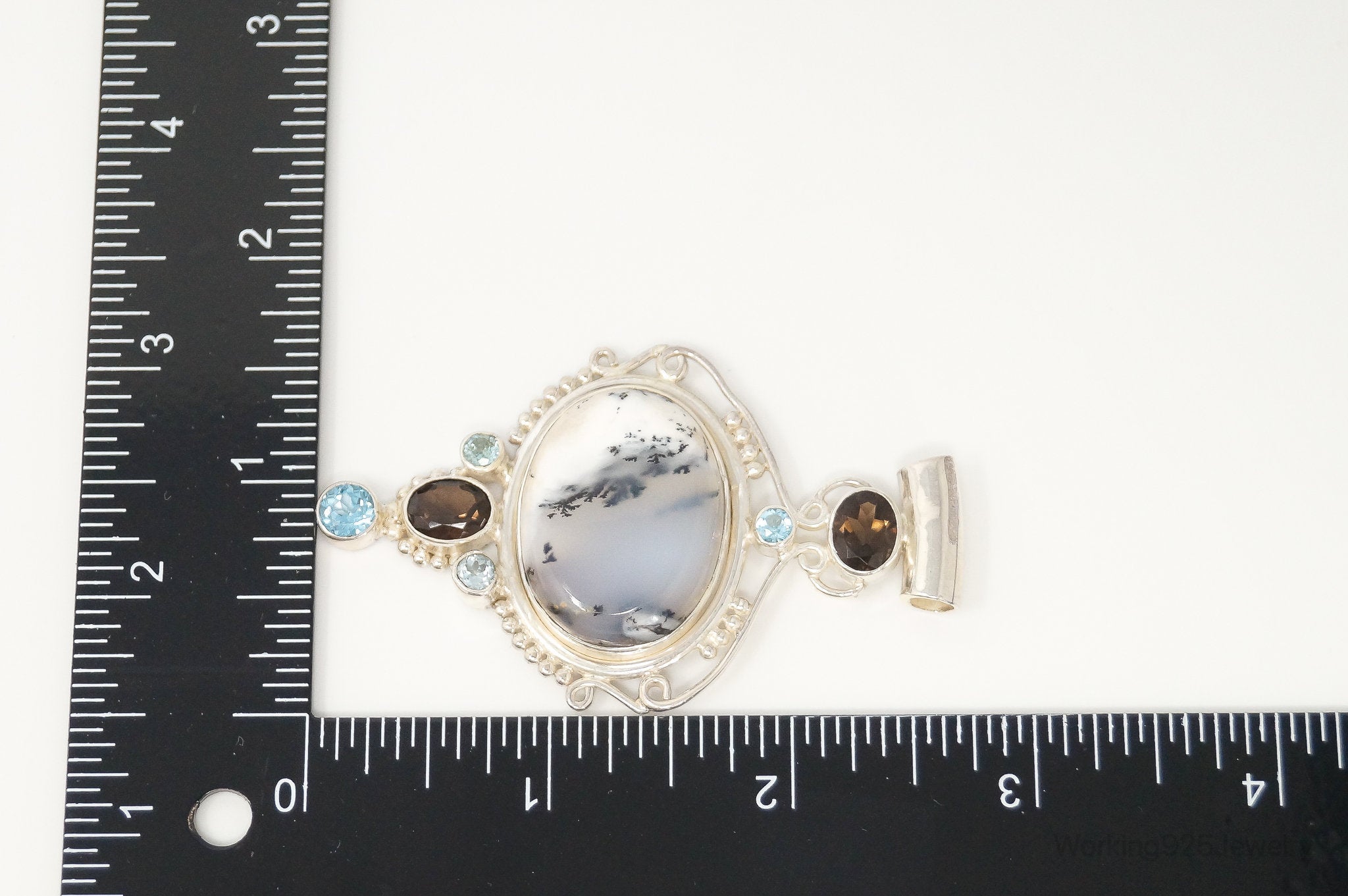 Large SAJEN Dendritic Agate Smoky Topaz Blue Topaz Sterling Silver Pendant
