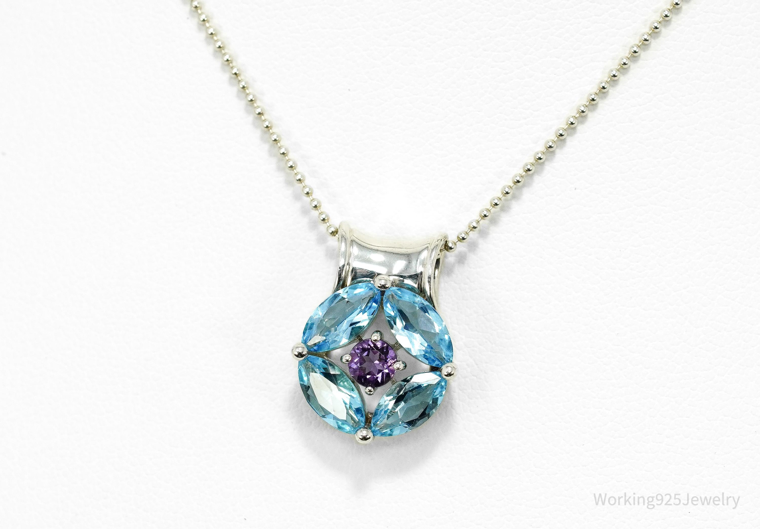 Vintage Designer S&G Blue Topaz Amethyst Sterling Silver Necklace 20"