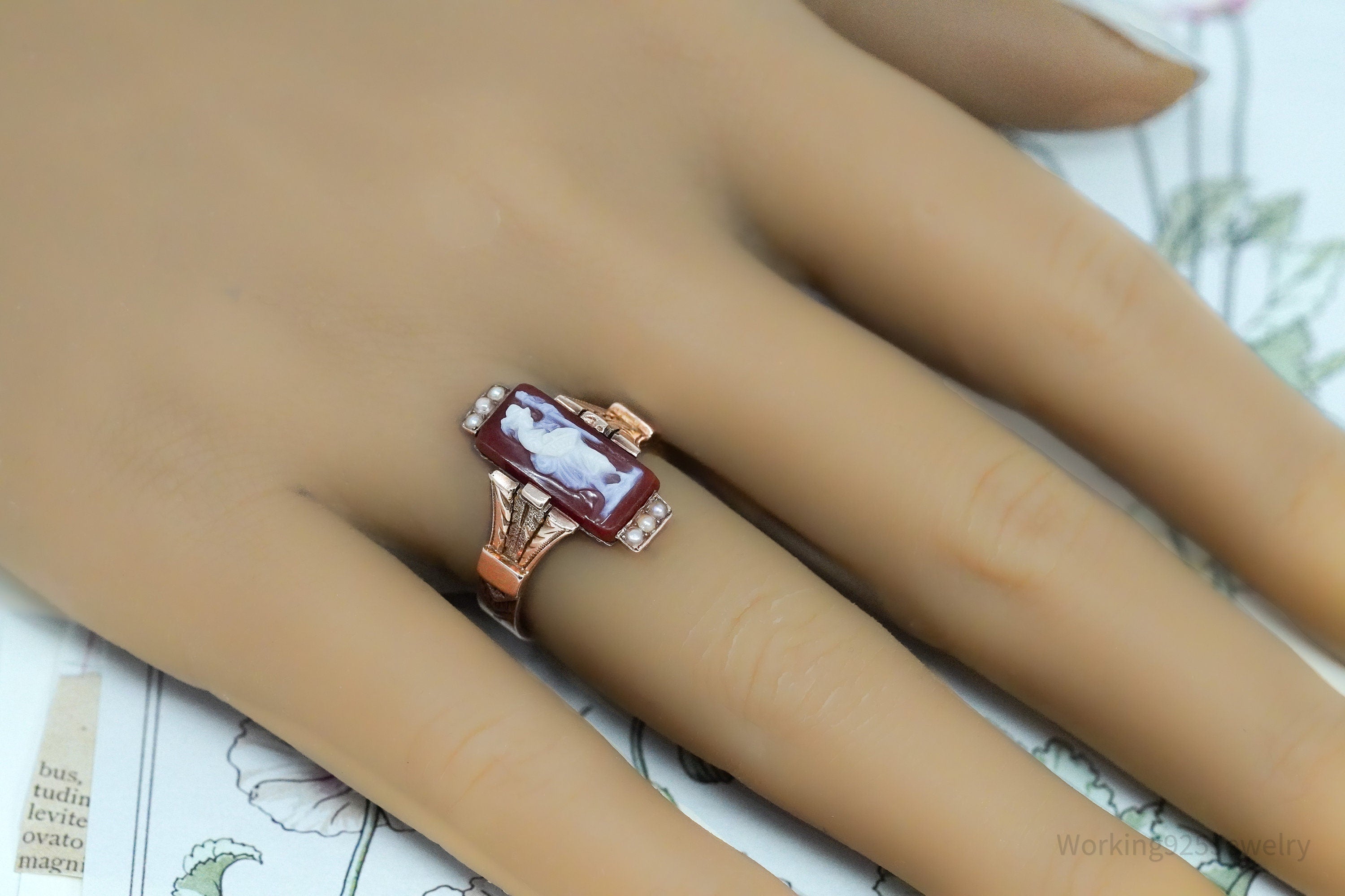 Antique 14K Rose Gold & Seed Pearls Cameo Ring - Size 6.5