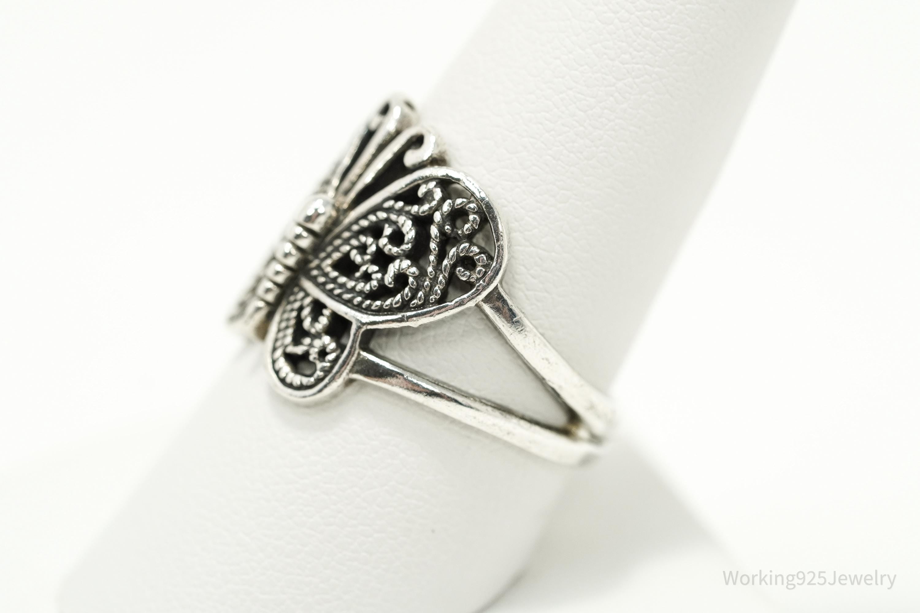 Vintage Filigree Butterfly Sterling Silver Ring - Size 9.25