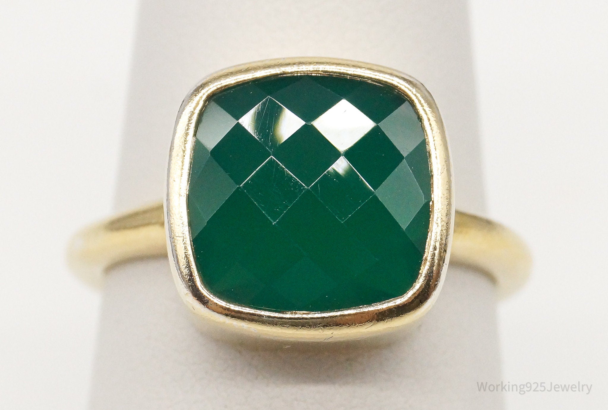 Vintage Green Onyx Gold Wash Sterling Silver Ring - Size 6.75