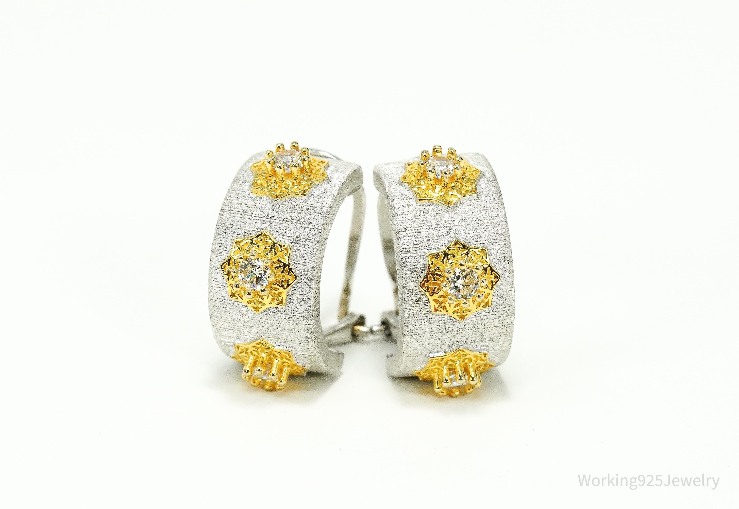 Vintage Cubic Zirconia Gold Vermeil Sterling Silver Hoop Earrings