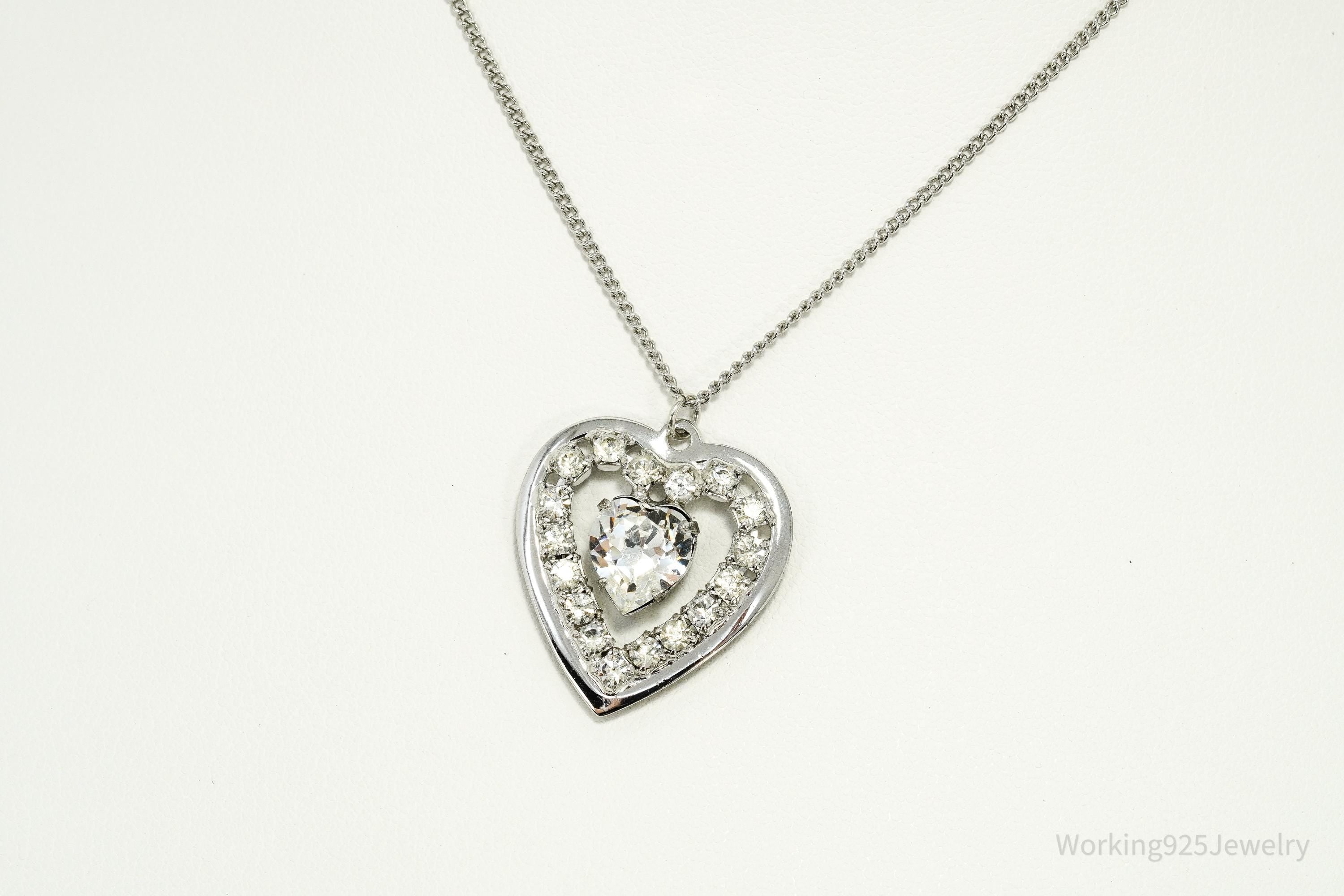 Vintage Faux Diamonds Sterling Silver Heart Chain Necklace 17"