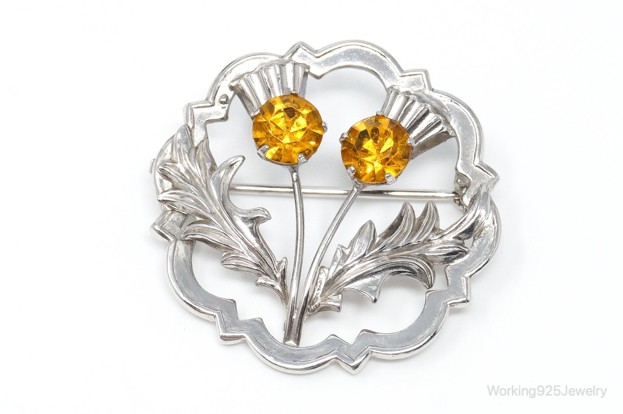 Vintage WB Ward Brothers Citrine Scottish Thistle Sterling Silver Brooch