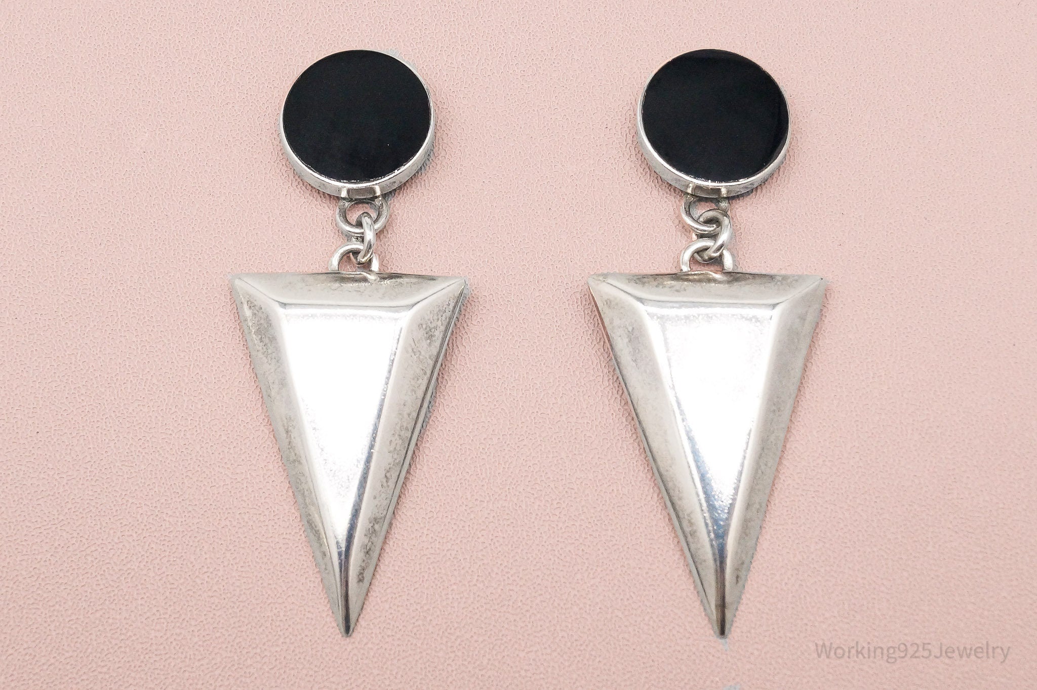 Vintage Modernist Black Onyx Sterling Silver Earrings