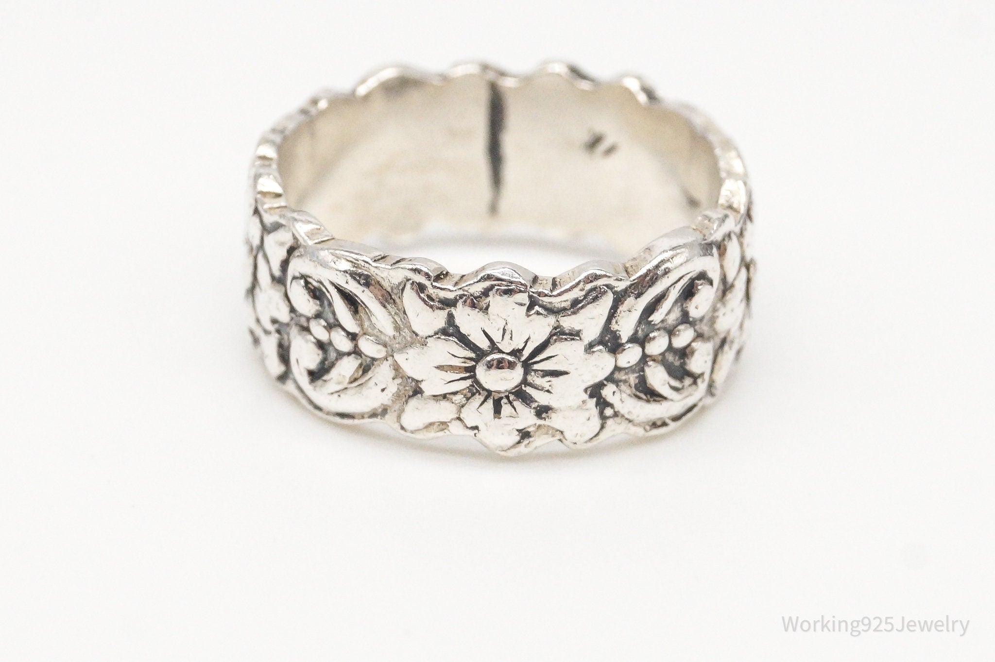 Vintage Mexico Flowers Sterling Silver Band Ring - Size 6.5