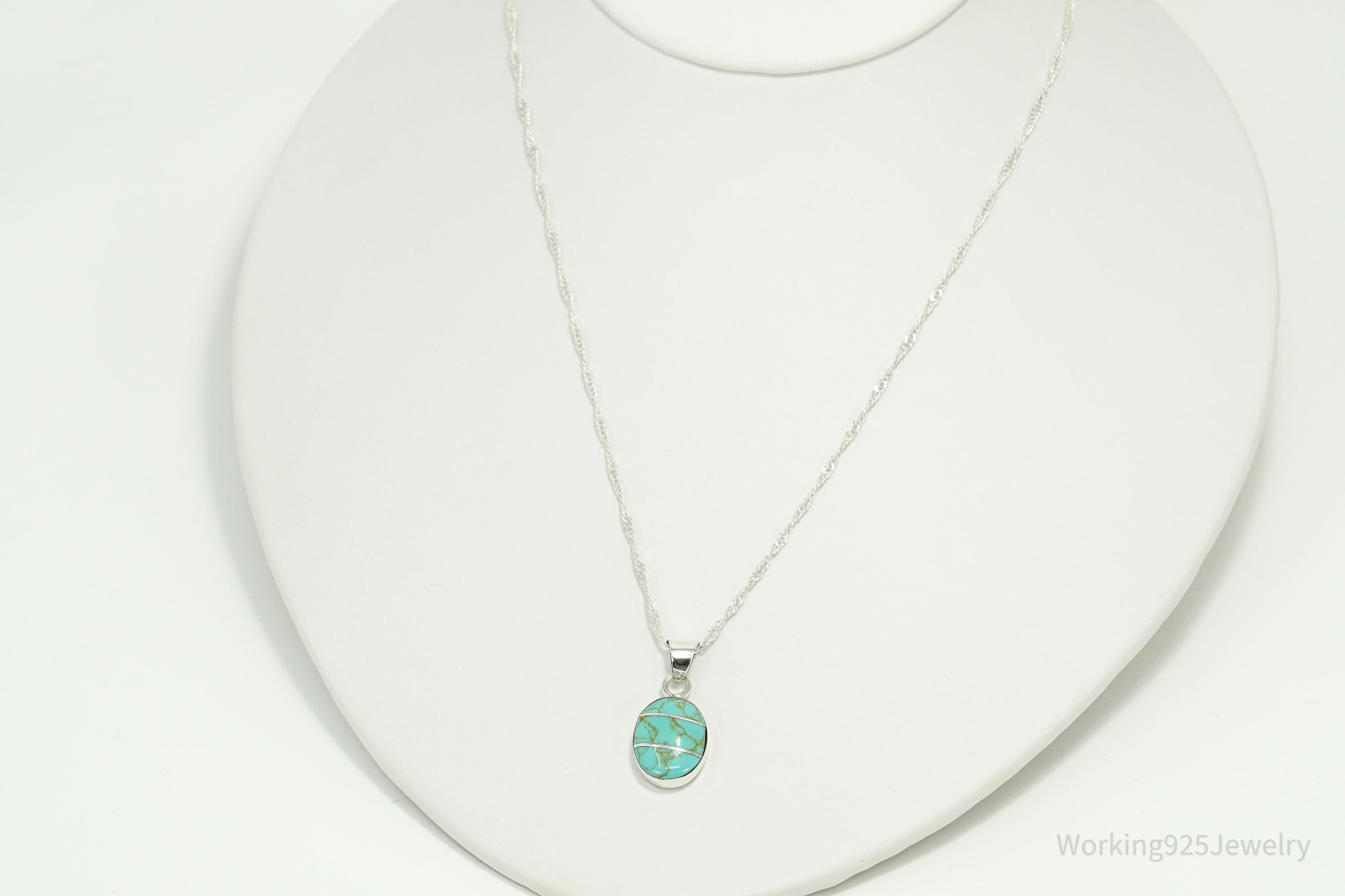 Vintage Blue Turquoise Inlay Sterling Silver Necklace 18"