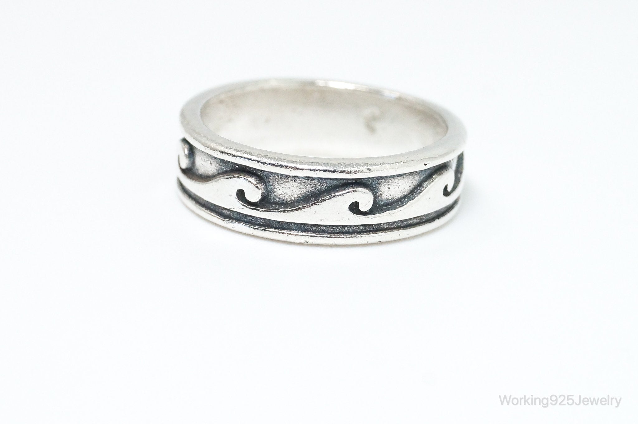 Vintage Mexico Wave Scroll Oxidized Design Sterling Silver Band Ring - Size 8