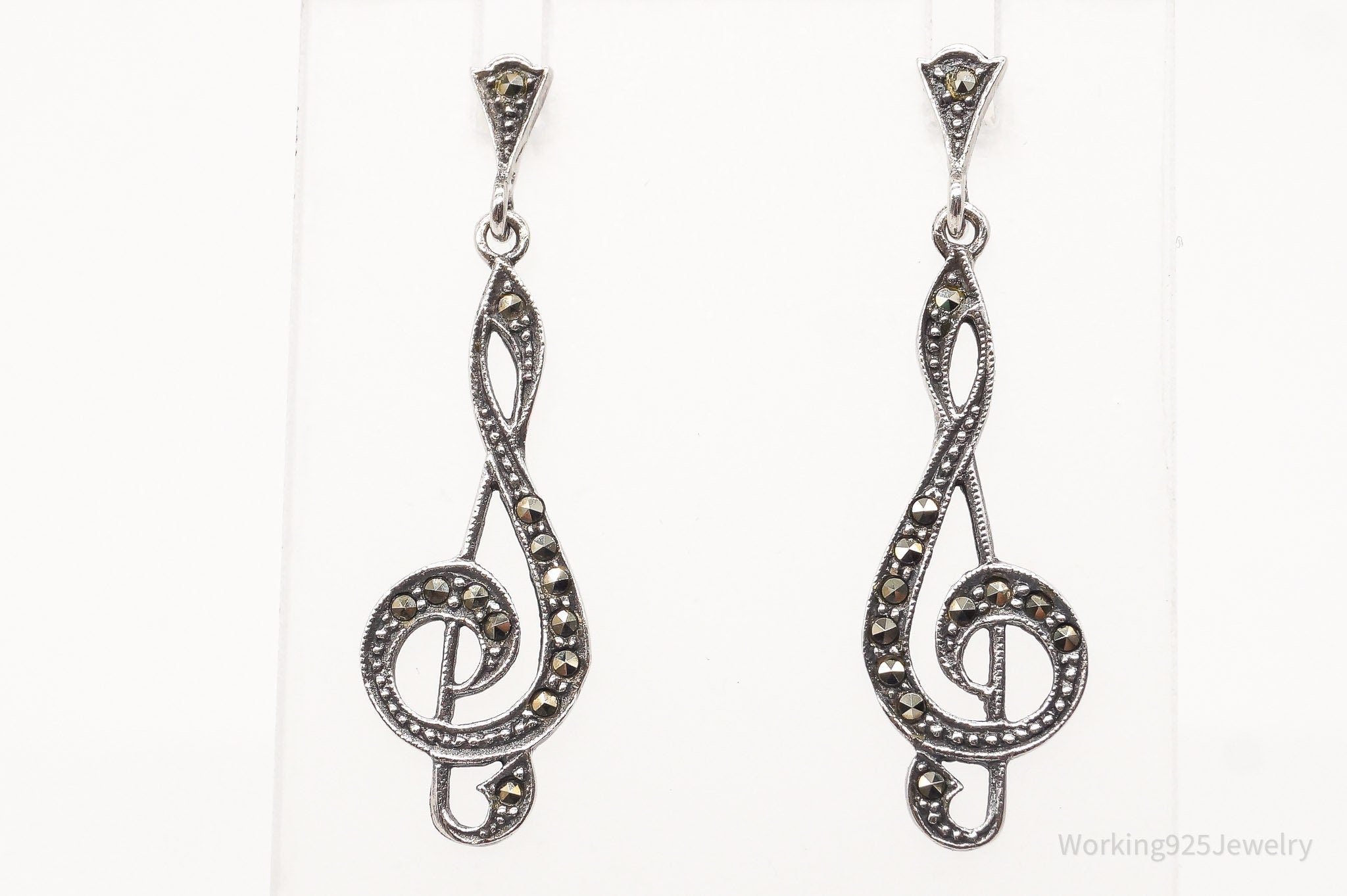 Vintage Treble Clef Music Note Marcasite Sterling Silver Earrings