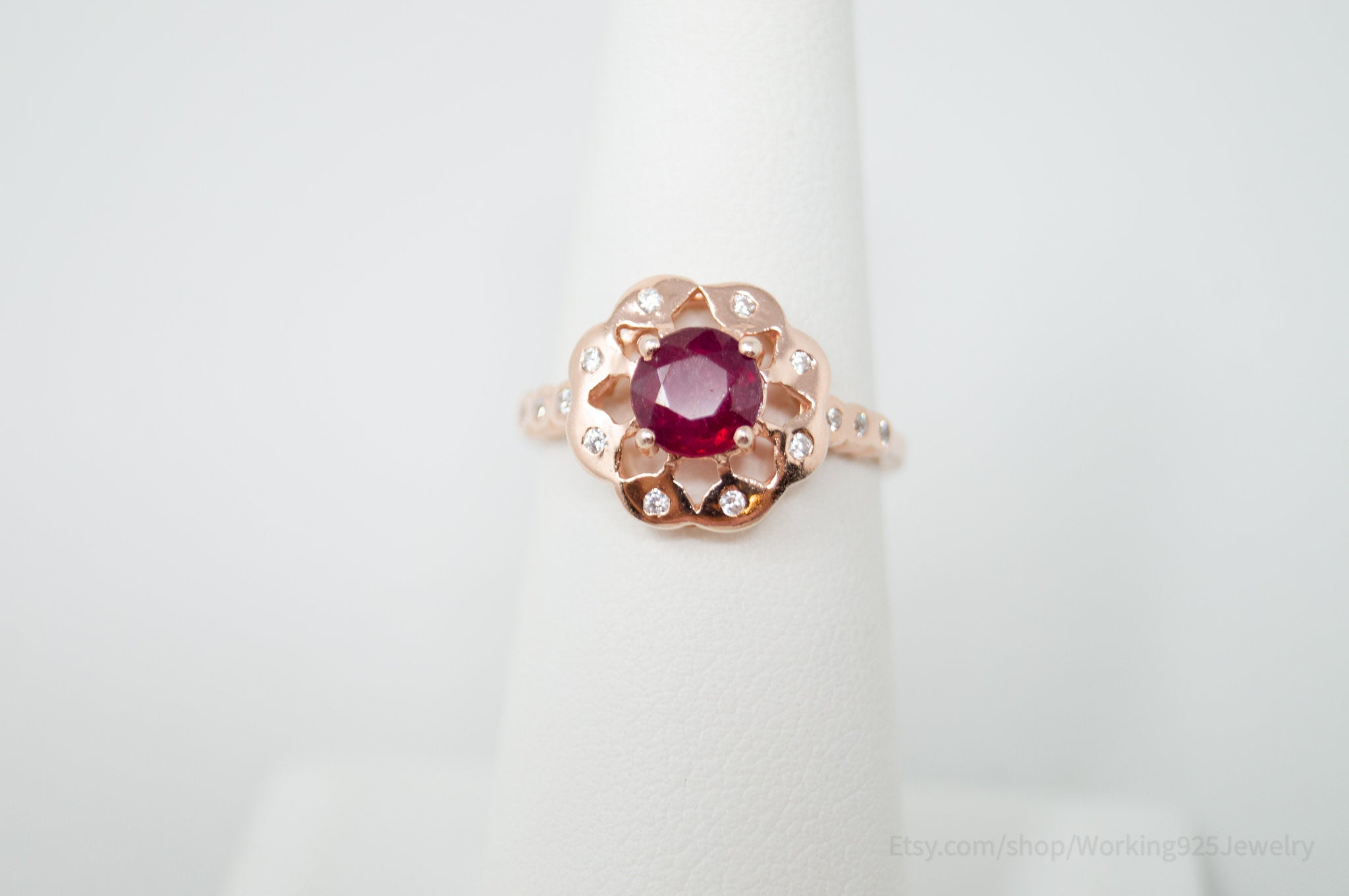 Vintage Deco Style Ruby CZ Rose Gold Vermeil Sterling Silver Ring - Sz 5.75